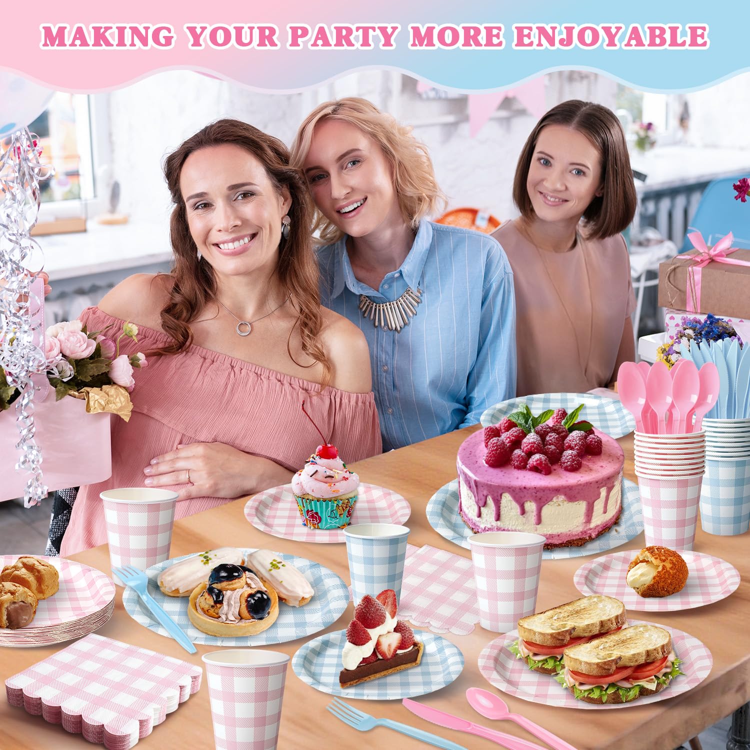 Vyntra 350-Pc Pink and Blue Gingham Paper Plates and Napkins Party Supplies