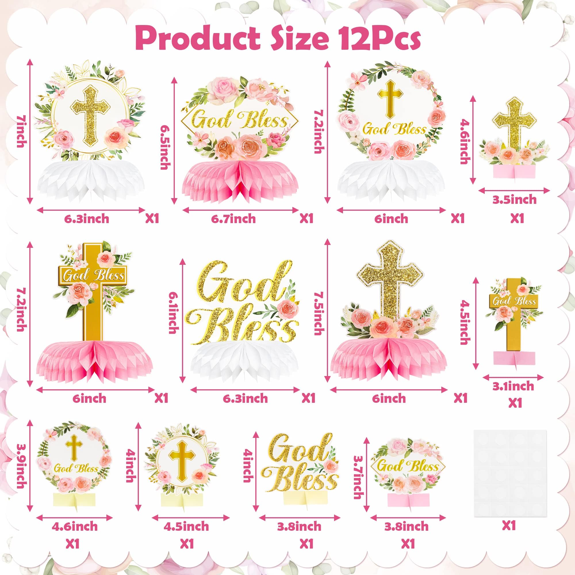 ANGOLIO 12Pcs Floral God Bless Decorations First Communion Honeycomb Centerpiece Double Sided Table Toppers for Baby Girl Baptism Party Decor Christening Celebration Religious Photo Props Decor Girls