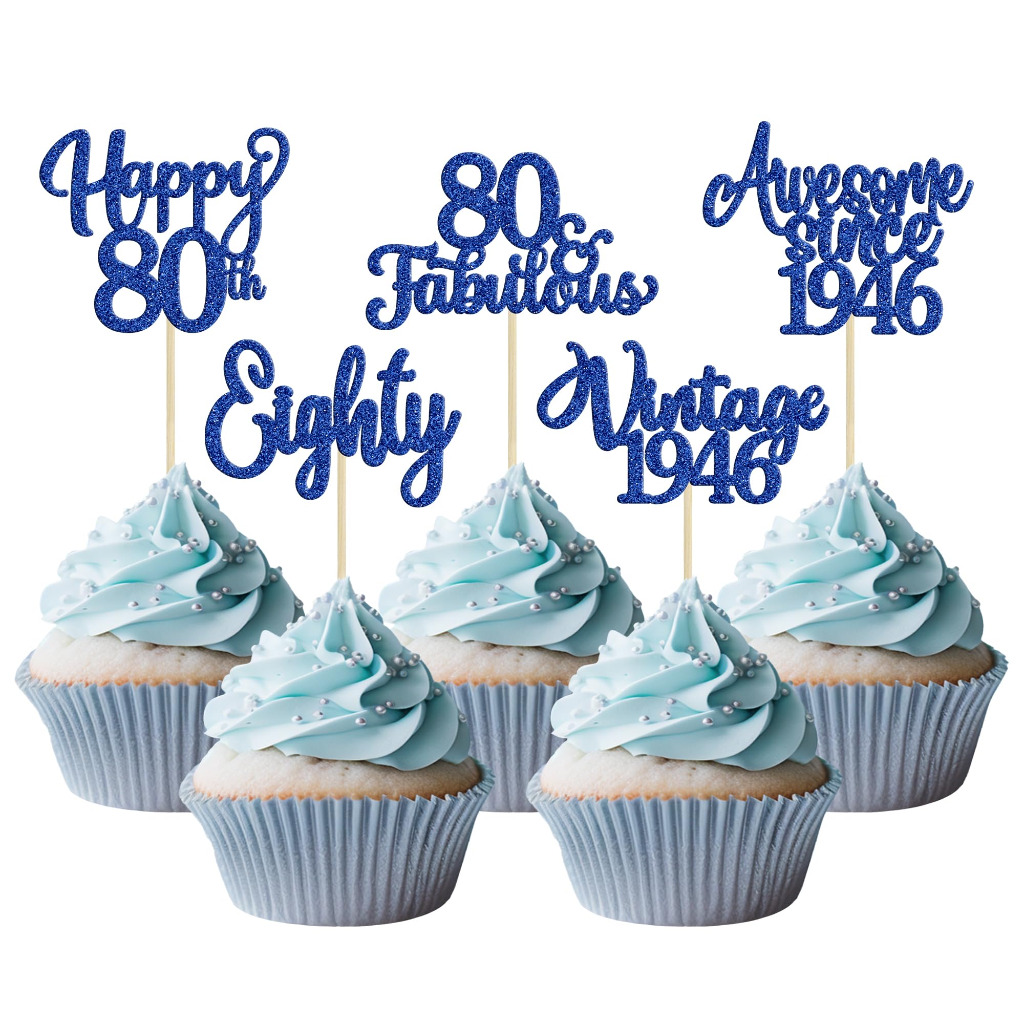 Ephlyn 30Pcs Happy 80th Birthday Cupcake Toppers Glitter Eighty 80 Fabulous Vintage 1946 Cupcake Picks for 80th Birthday Anniversary Retirement Party Cake Decorations Supplies Dark Blue