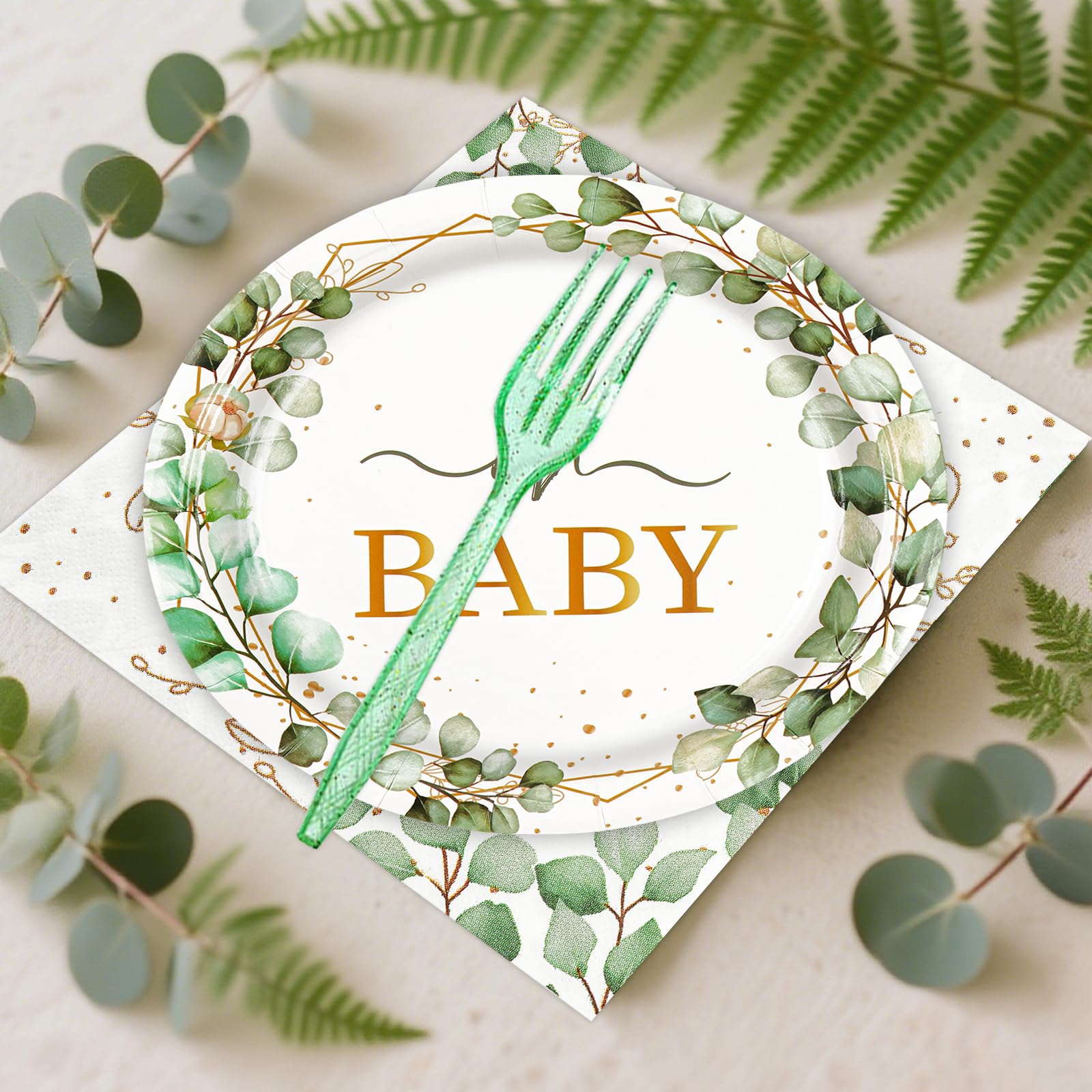 72pcs Oh Baby Eucalyptus Paper Plates and Napkins Set, 7inch Sage Greenery Baby Shower Party Plate Decorations Disposable Green Leaf Party Supplies for Boys or Girls Gender Reveal Birthday Baby Shower