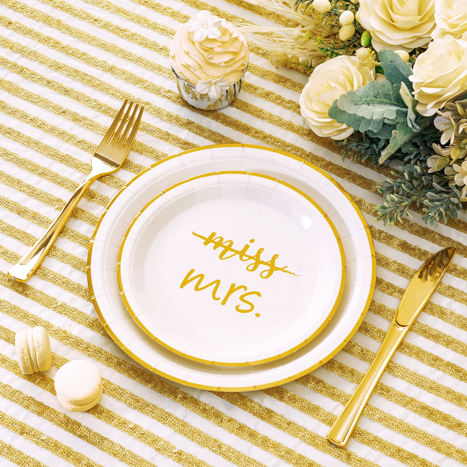 Crisky Gold Miss to Mrs Napkins Plates Cups Set for Bridal Shower Engagement Bachelorette Party Decorations Party Supplies, Disposable Tableware Set of 24 (9" & 7" Plates, Luncheon Napkin, 9oz Cups)
