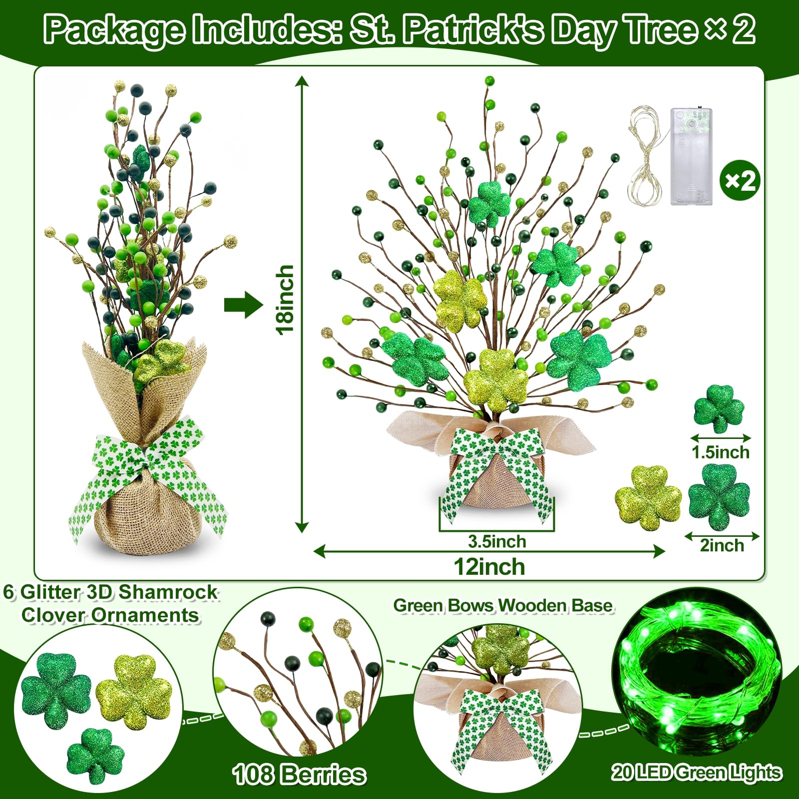 St. Patrick's Day Decorations, 2 Pack 18 Inch Lighted St. Patrick's Day Tree Tabletop 20 Green Lights Timer Battery Operated 6 Shamrocks 108 Berries Artificial Tree St. Patrick's Day Decor Home Party