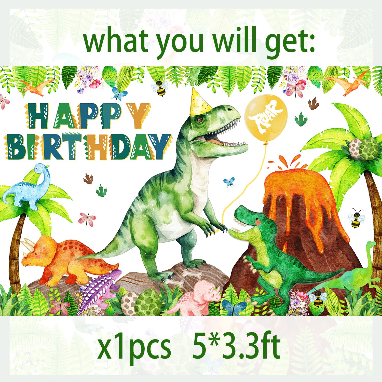 Dinosaur Birthday Backdrop Banner Roar Dino Happy Birthday Jungle Leaves T-rex Dinosaur Photography Background for Boy Girl 1st 2nd 3rd 4th 10th Bday Party Supplies Decor (Green Happy Bday Generic)