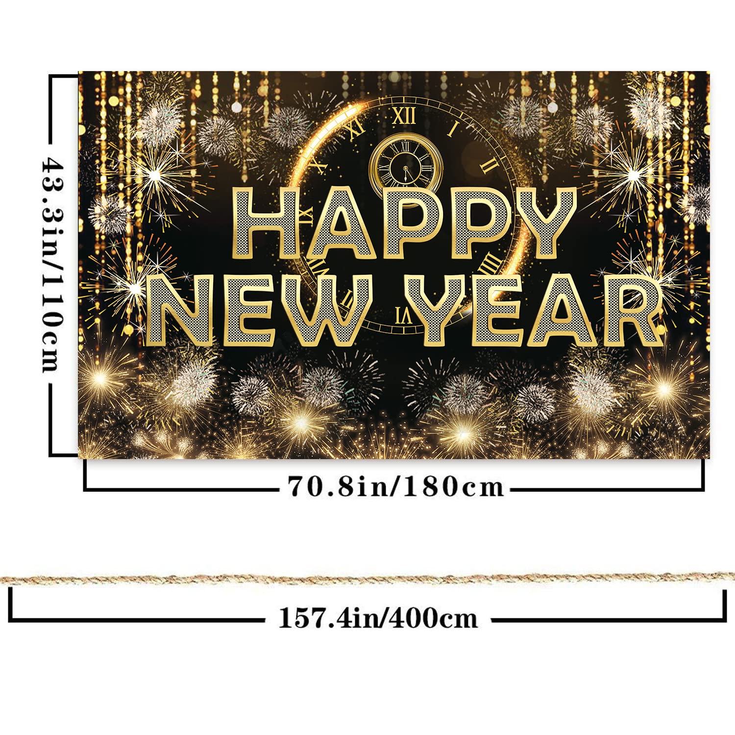 HAPPY NEW YEAR Hanging Extra Large Fabric Sign Poster Black Background Banner with Firework Pattern for New year Party Decorations