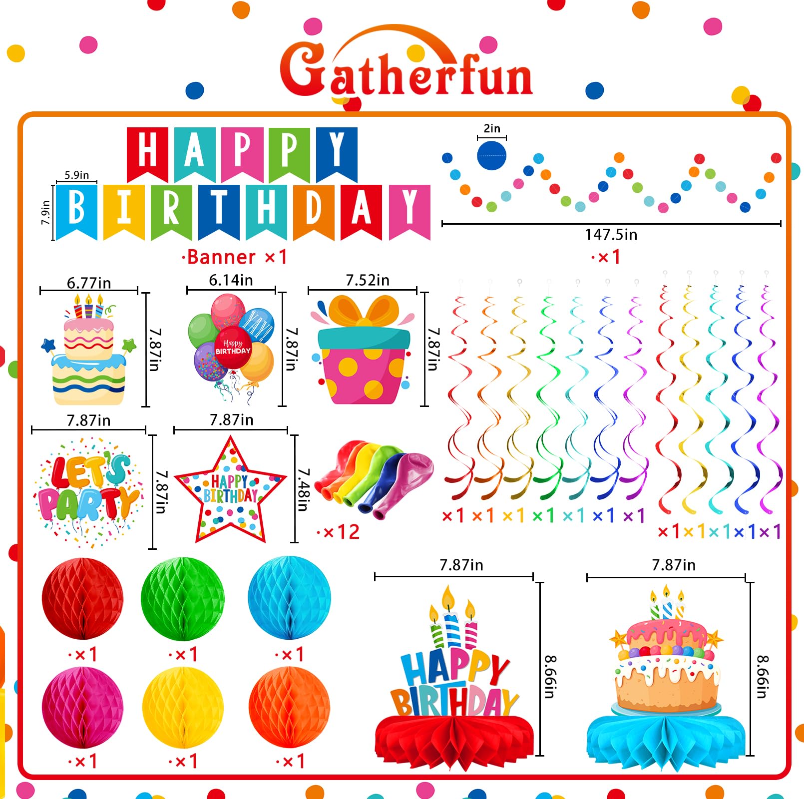 Happy Birthday Decorations Kit: Happy Birthday Banner,Birthday Circle Confetti Garland, Swirl Streamers, Honeycomb Balls, Birthday Balloons and Honeycomb Centerpiece for Kids' Birthday Party Supplies