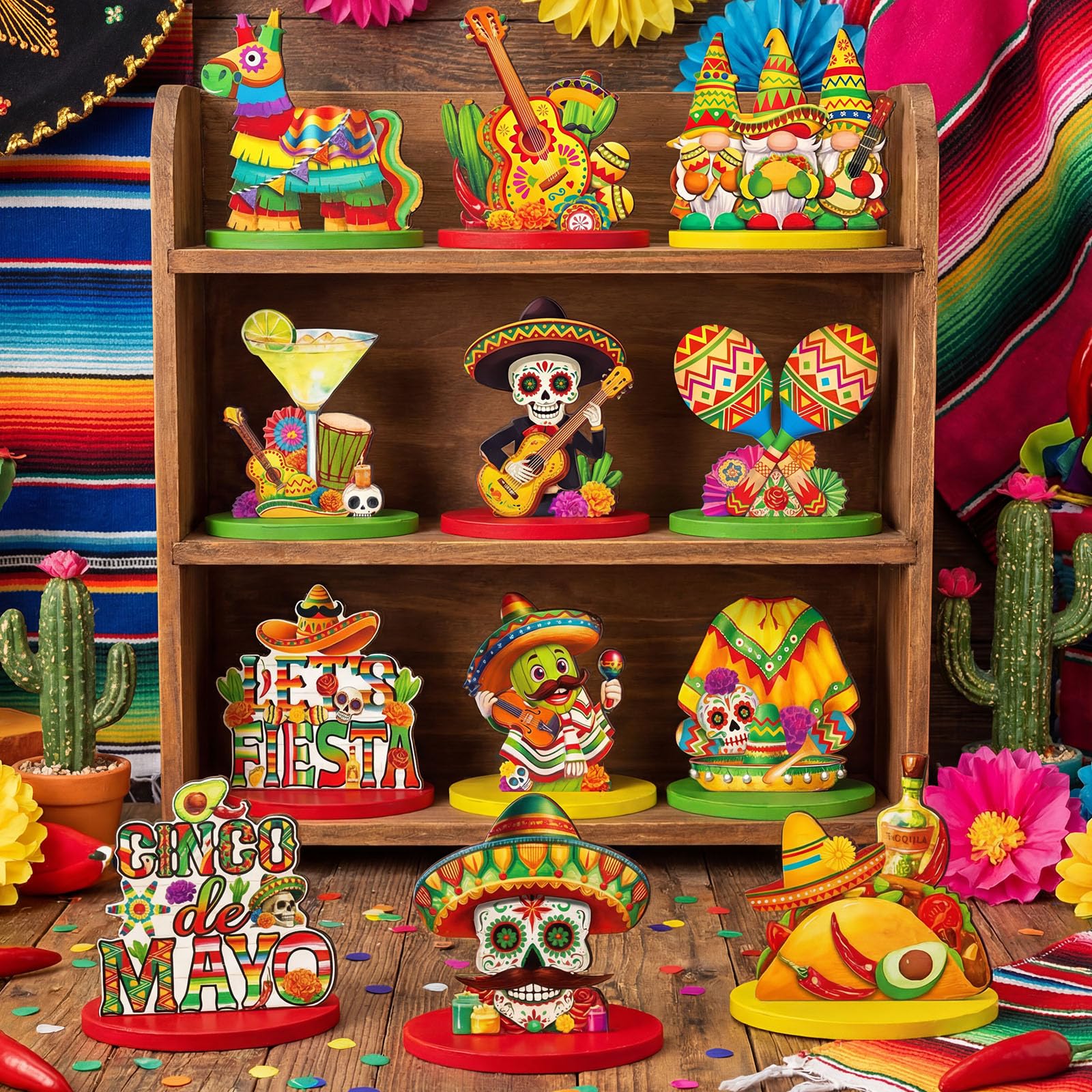 Wesiti 12 Pcs Cinco De Mayo Table Decorations Mexican Fiesta Party Decorations Wooden Cinco De Mayo Centerpiece Signs Taco Maracas Guitar Sombreros Table Topper Tiered Tray Decor for Home Office