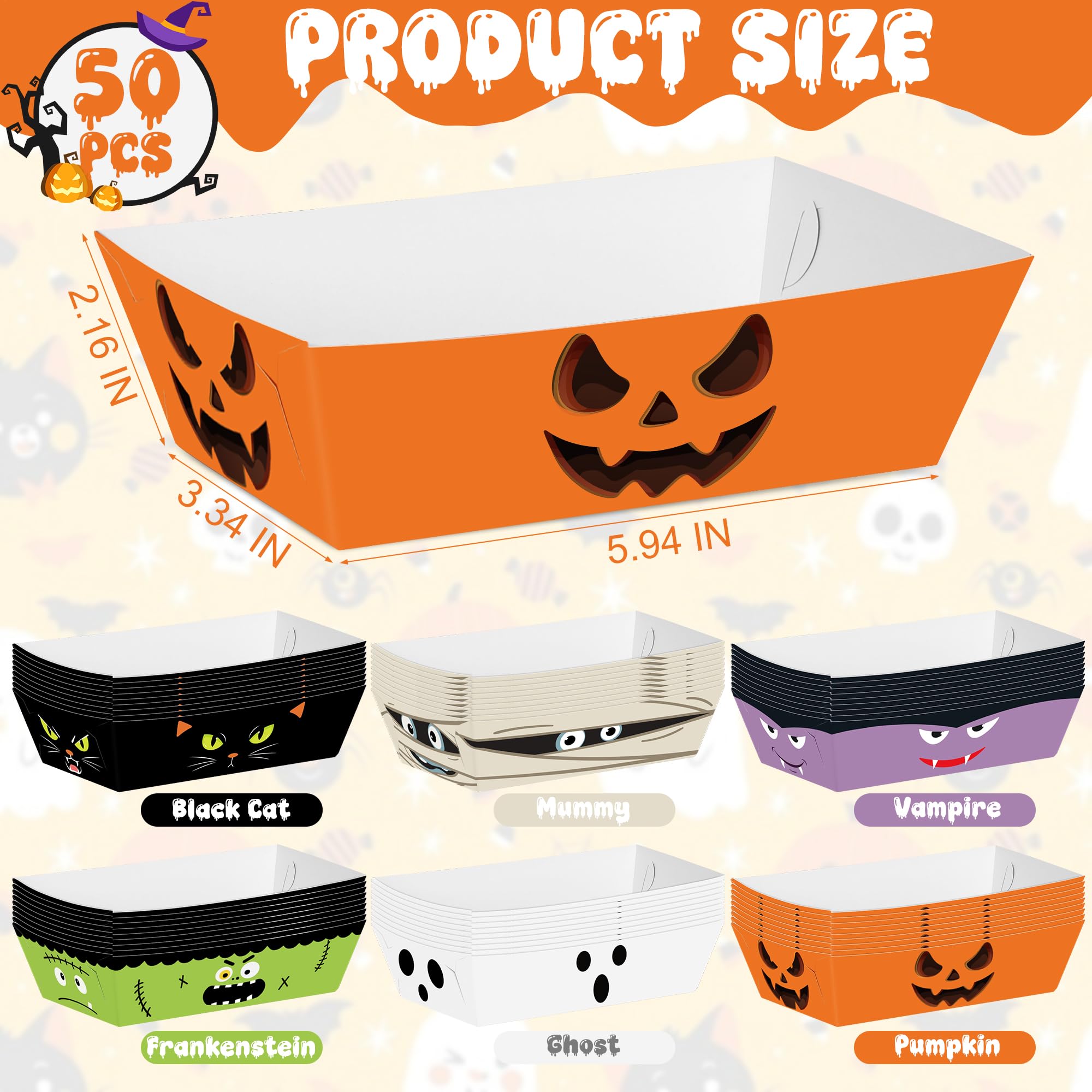 50 PCS Halloween Decorations, Fold-to-Assemble Halloween Paper Food Trays