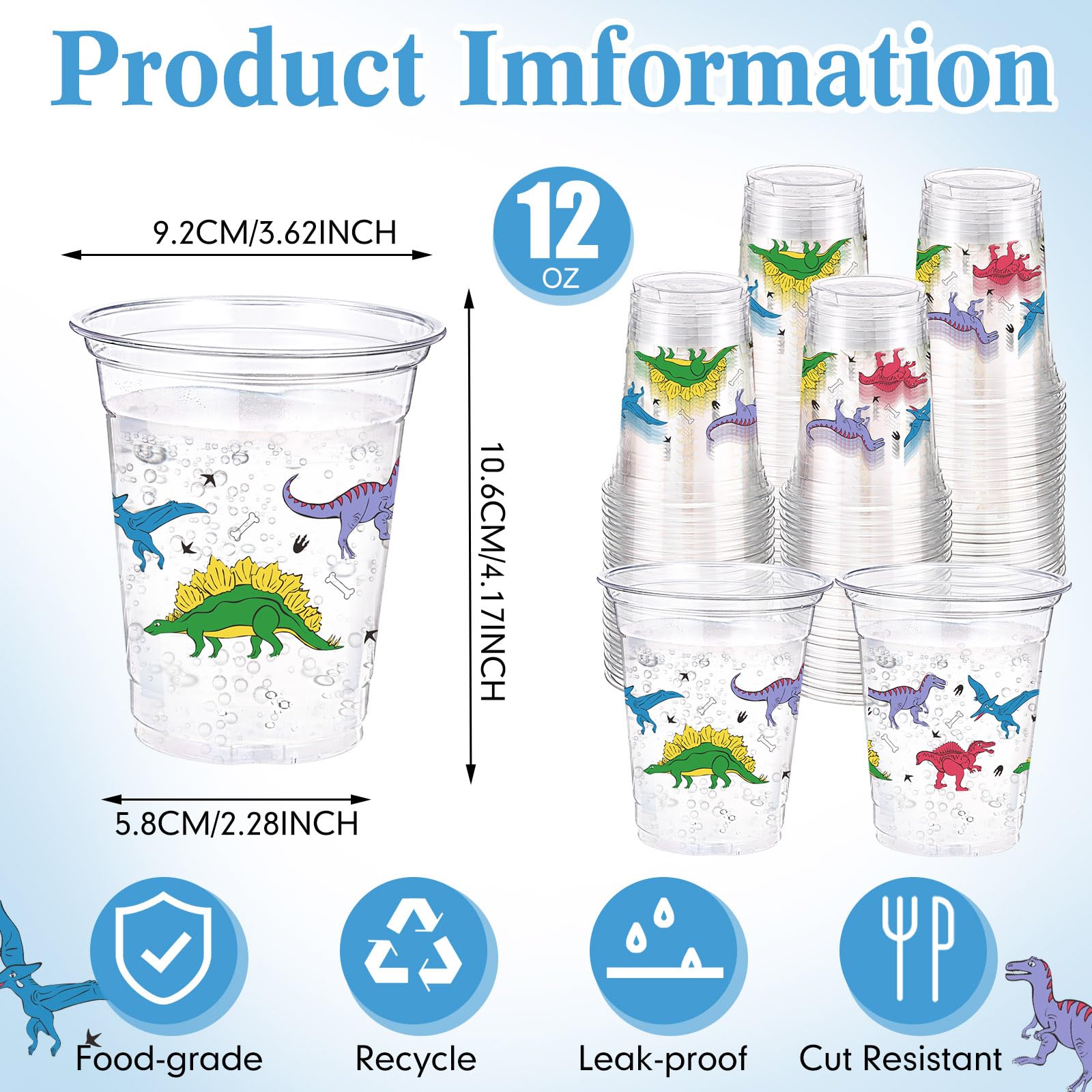 Funnymoom 60 Pack Dinosaur Cups 12 oz Disposable Clear Plastic Dino Theme Drinking Cups for Dinosaur Birthday Party Decorations Supplies