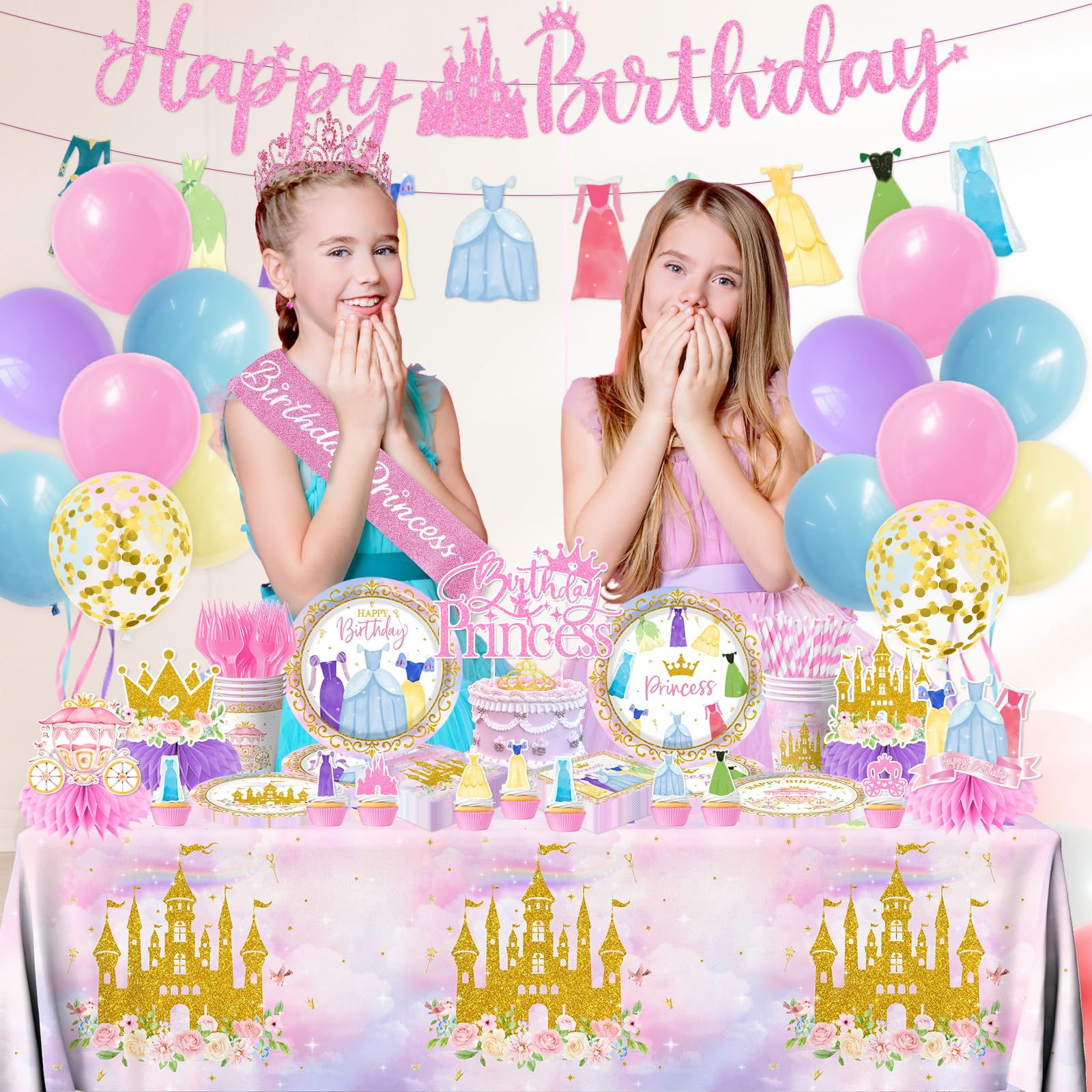 Princess Birthday Party Decorations,191pcs Princess Party Decorations Tableware Pink princess Plates and Napkins Cups Tablecloth Banner Hanging Swirls Cake Topper for Girl Birthday Supplies,Serve 24