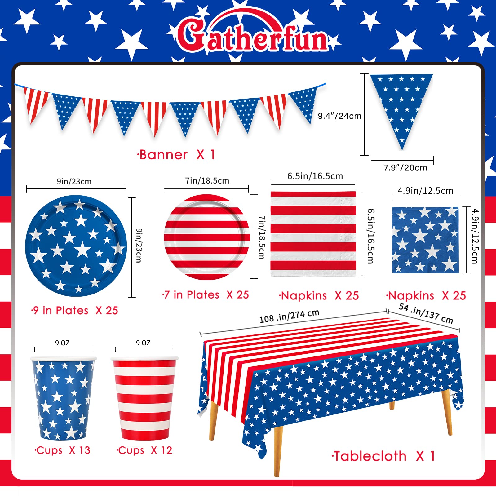 4th of July American Flag Patriotic Party Supplies Disposable Paper Plates Napkins Cocktail Napkins Cups Tablecloth and Banner for Election Day 4th of July Independence Day Decorations, Serve 25