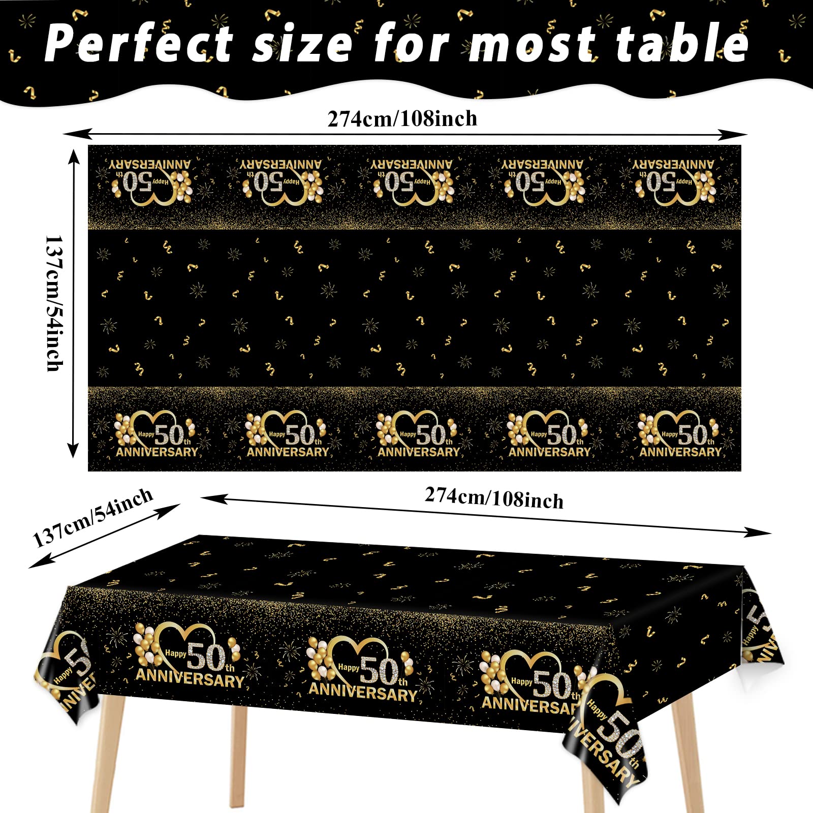 3pcs Happy 50th Anniversary Tablecloths Black Gold Table Covers 50th Wedding Anniversary Party Supplies for Parents Cheer to 50 Years Party Decorations and Plastic Disposable Favors,108*54 inch