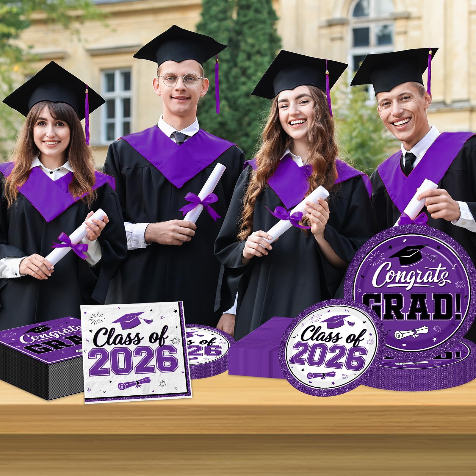 Meuqeaju Graduation Plates and Napkins 2026, 200pcs Purple Graduation Decorations Class of 2026 Grad Congrats Purple Grad Plates and Napkins Party Supplies for Graduation Party Favors,Serve 50