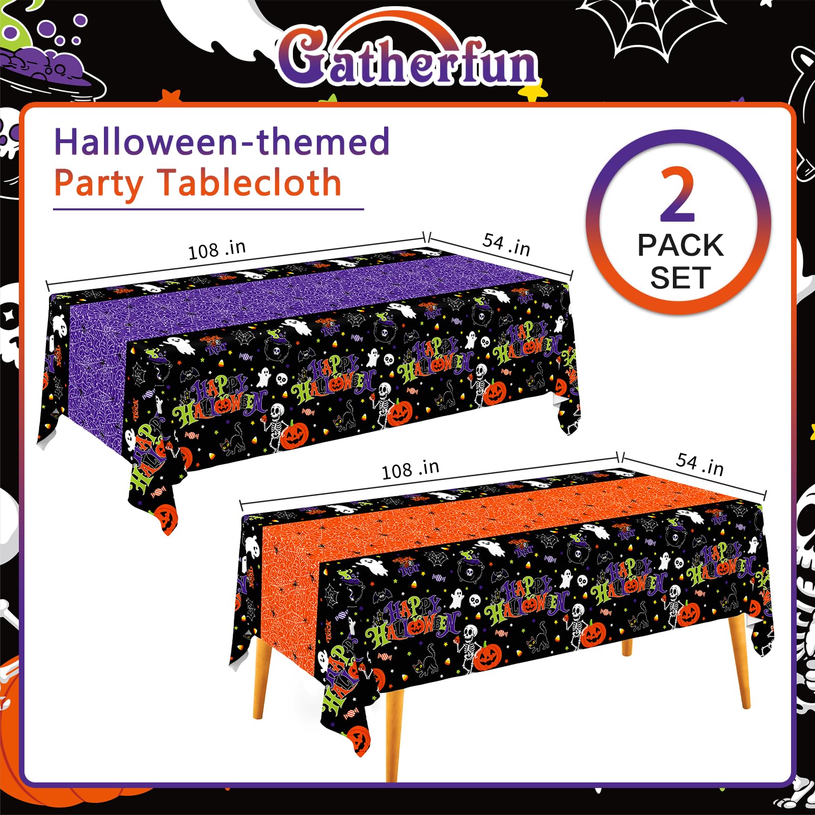 2 Pack Halloween Tablecloth, 54 x 108 Inch Disposable Plastic Table Cover, Halloween Party Supplies for Halloween Decor