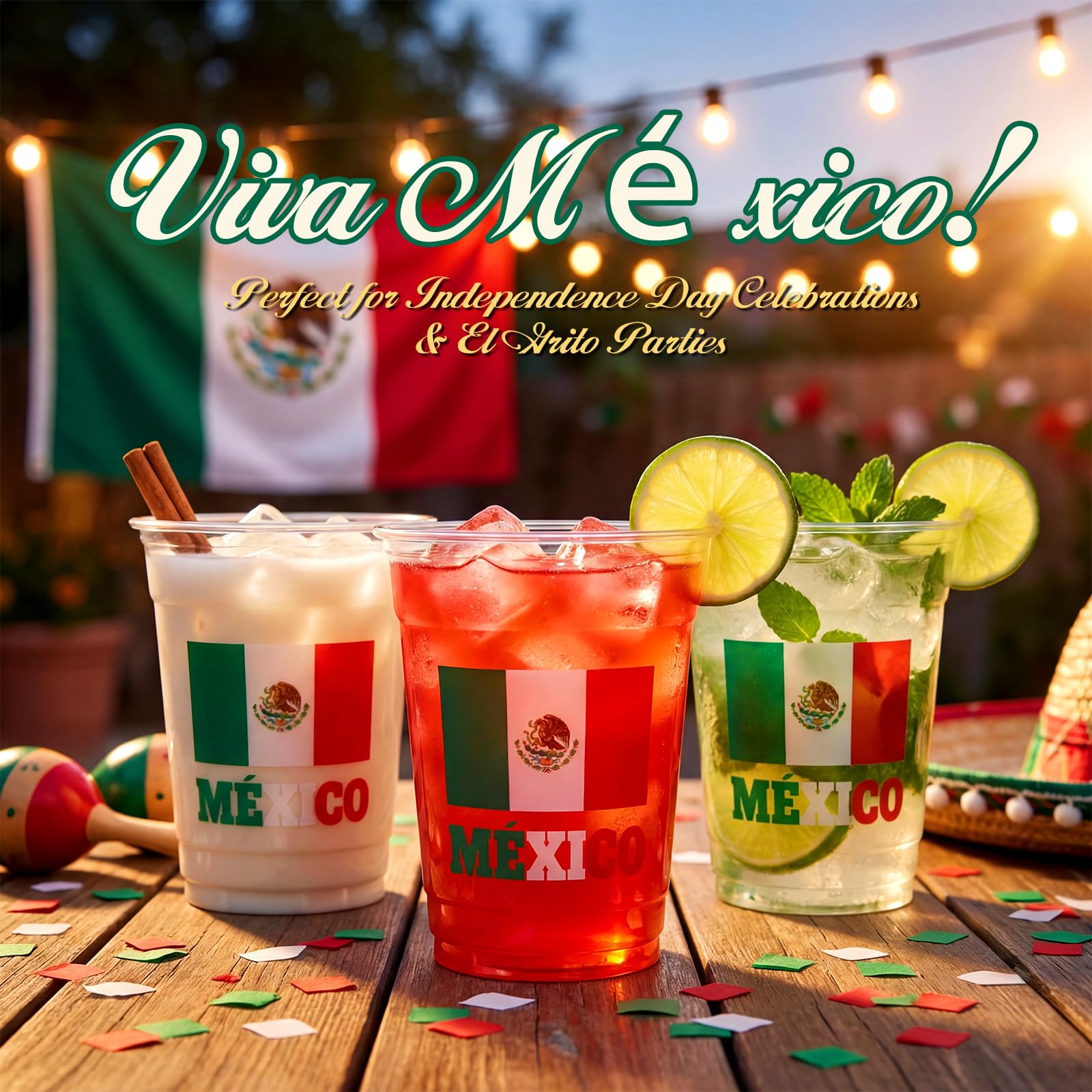 Honeydak 50 Pcs 12 oz Mexican Disposable Cups Bulk Mexico Flag Clear Plastic Cups Cinco De Mayo Party Decoration Fiesta Carnival Party Favors for Football Matches Family Decorations Supplies