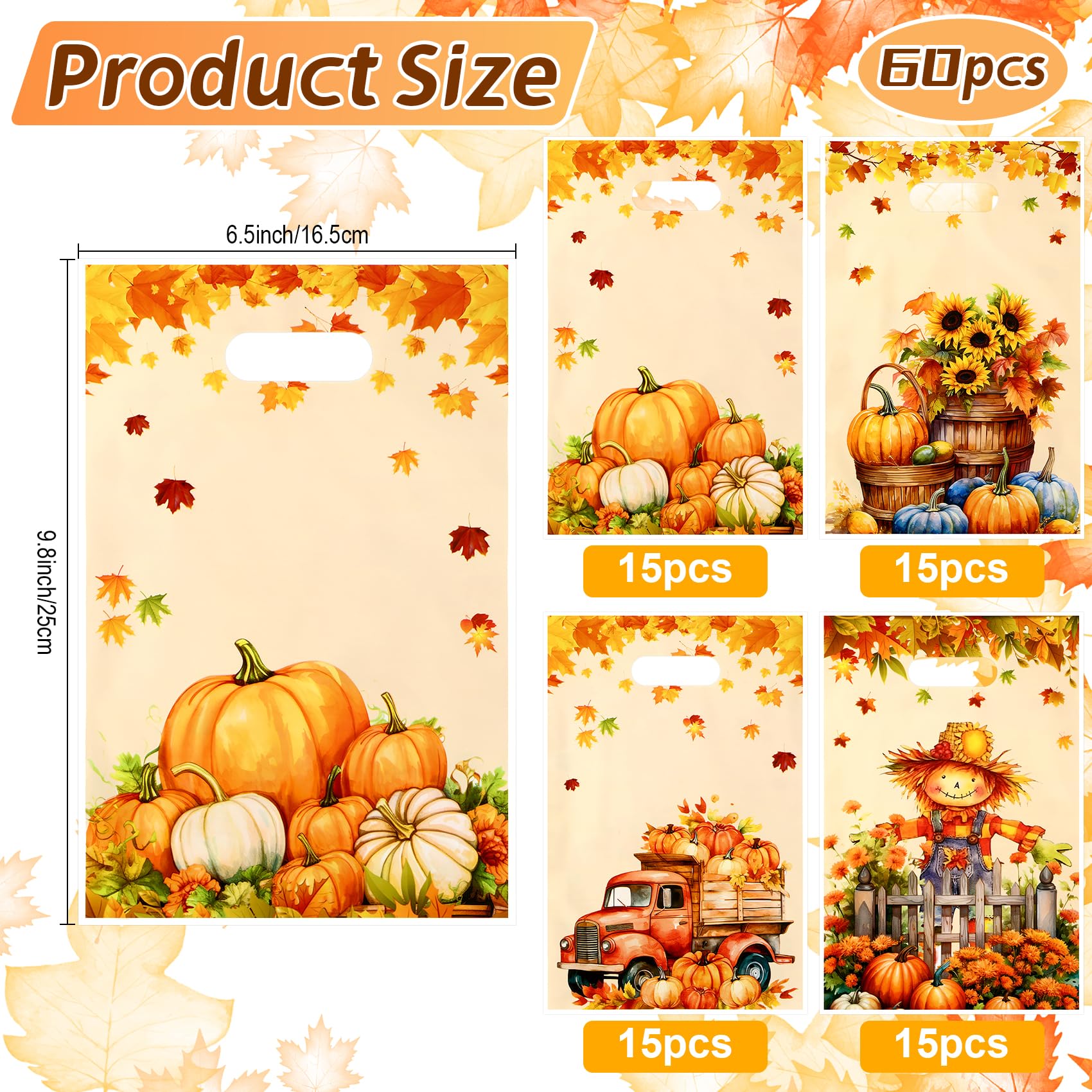 Fall Thanksgiving Treat Bags, 60 PCS Fall Thanksgiving Gift Bags with Handles, 9.8x6.5 Inch Plastic Maple Leaf Pumpkin Scarecrow Candy Goodie Cookies Bag for Falls Autumn Haverst Party Favor Supplies