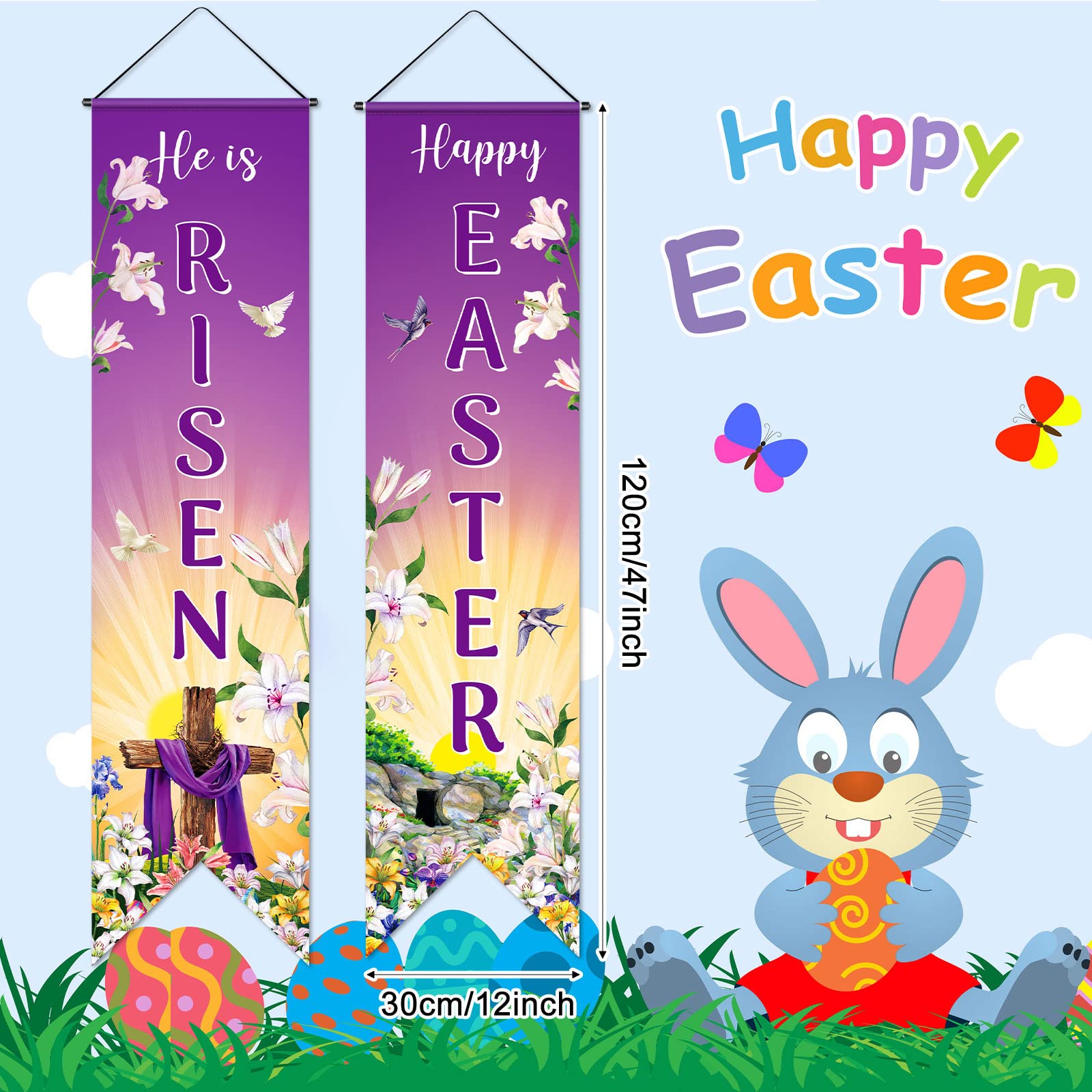 Outus Happy Easter Door Banner He Is Risen Porch Sign Decoration Christian Wall Hanging Banner Jesus Cross Religious Spring Background Photo Prop Backdrop for Home Outdoor Indoor Party Supplies