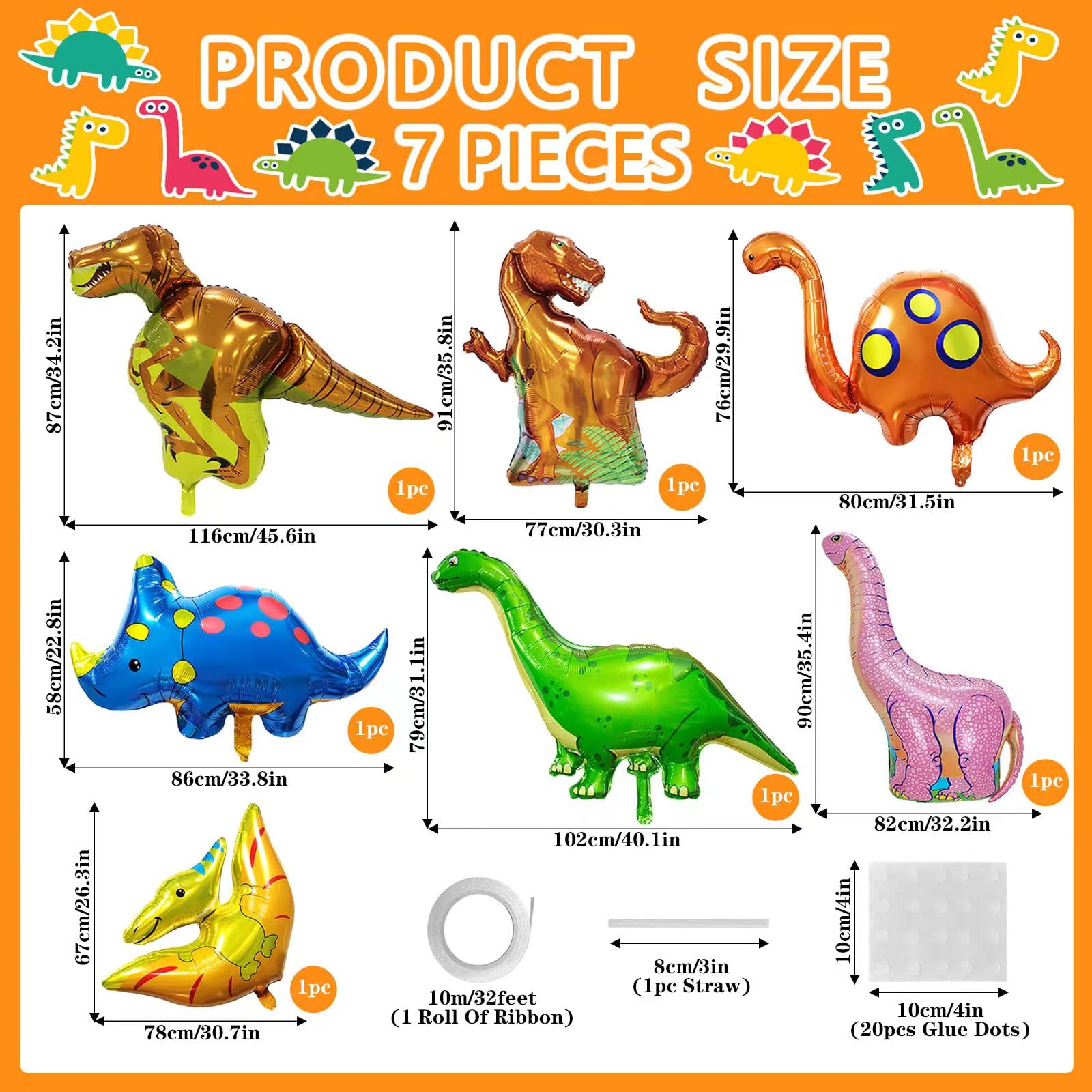 7 Pcs Dinosaur Foil Balloons Giant Dino Mylar Helium Balloons Dinosaur Birthday Balloon for Jungle Dino Theme Party Baby Shower Decorations Supplies