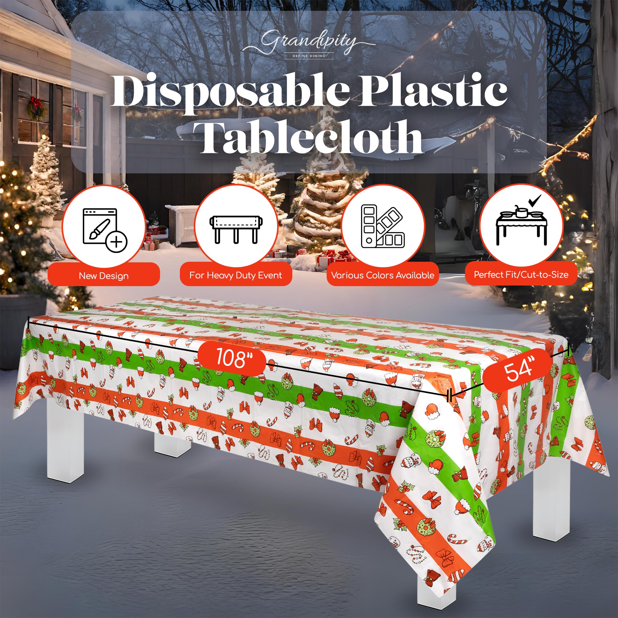 Grandipity Holiday Christmas 12 Pack Premium Disposable Plastic Tablecloth 54 Inch. x 108 Inch. Rectangle Table Cover