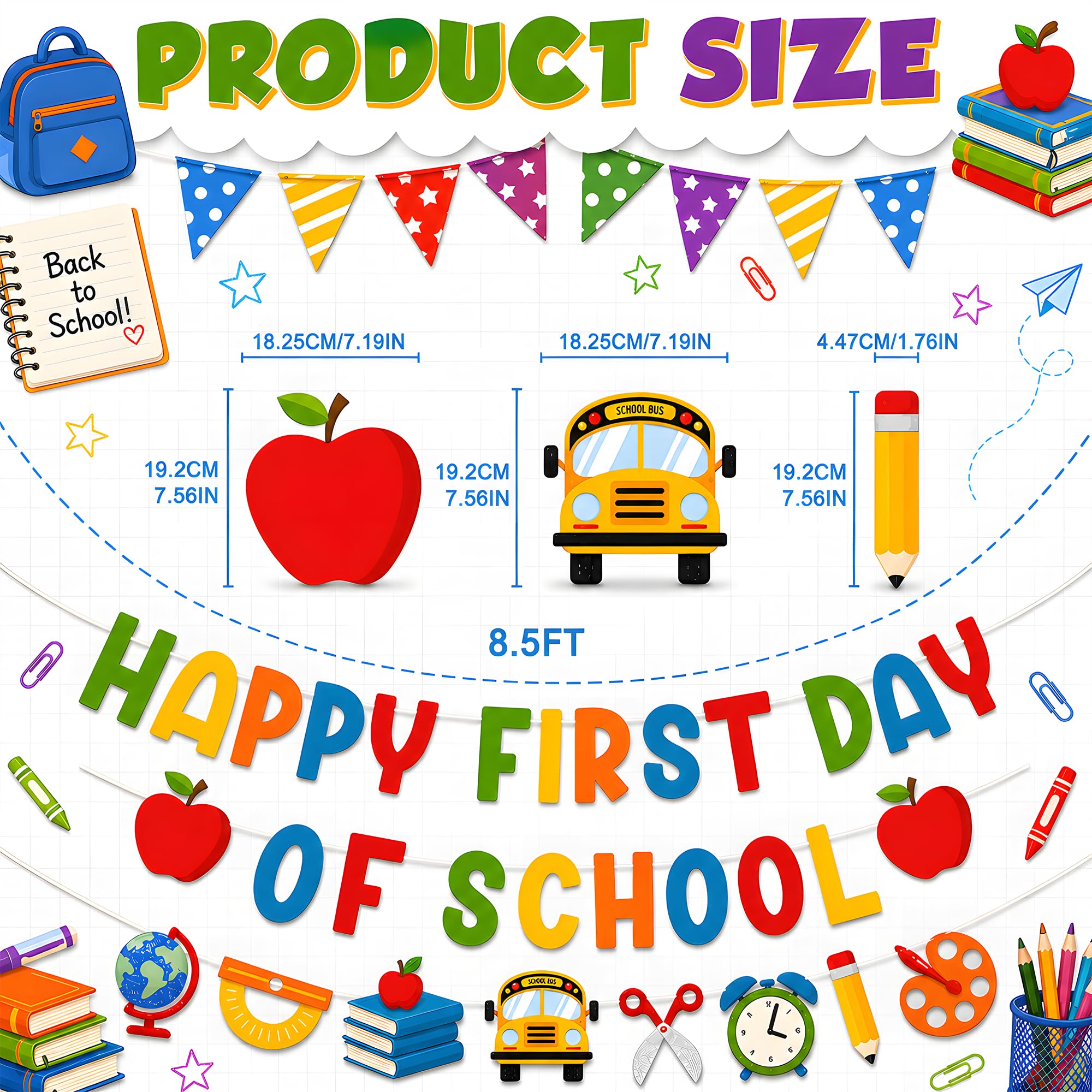 Back to School Decorations - Happy First Day of School Banner Sign Decor for Indoor Outdoor | Back To School Garland Backdrop - Hanging Classroom Decor Party Favors Supplies