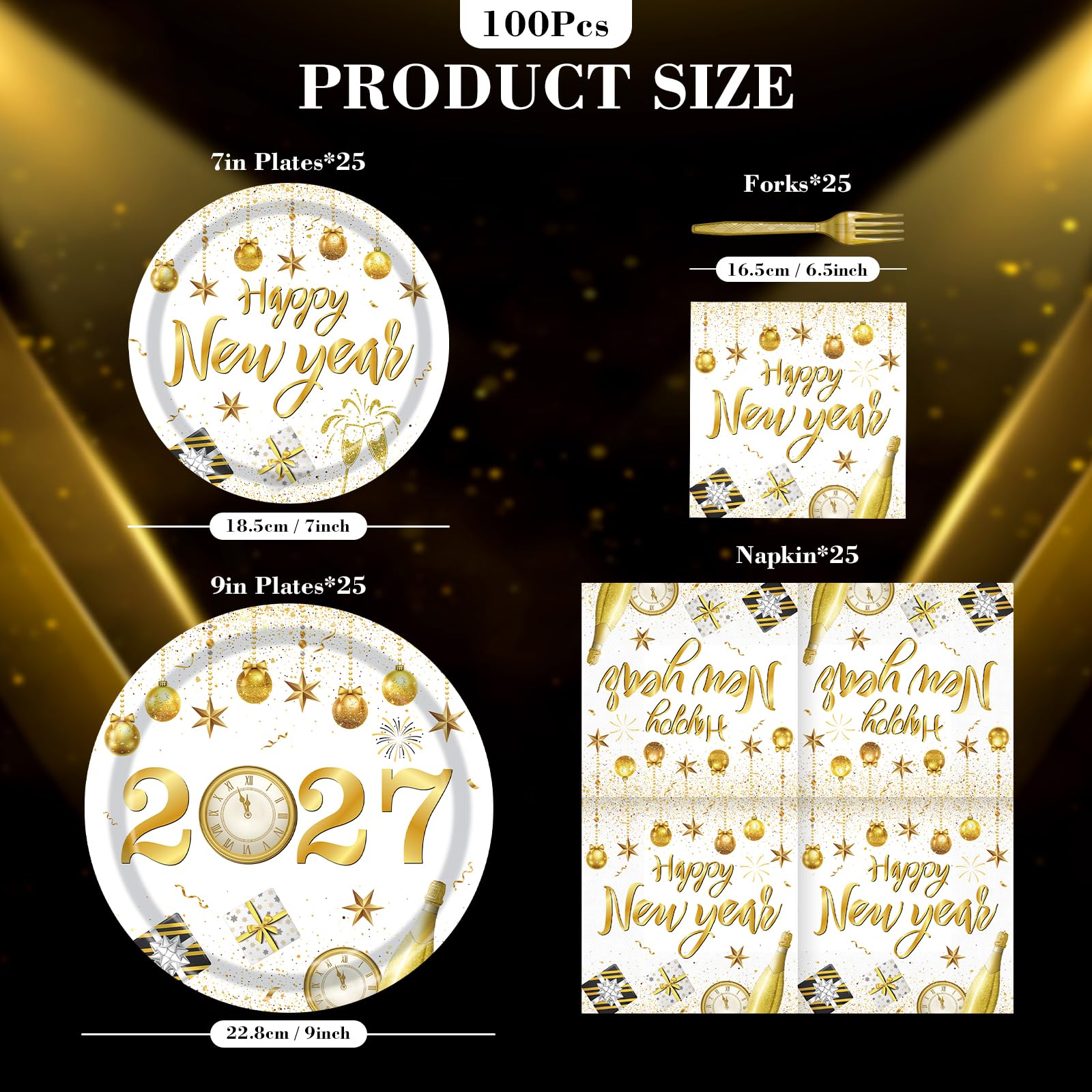 PhyLence 100 Pieces Happy New Year 2027 Party Tableware Set – White Gold Disposable 9 Inch and 7 Inch Plates, Napkins and Forks for New Year's Eve Countdown Celebration – Serves 25 Guests