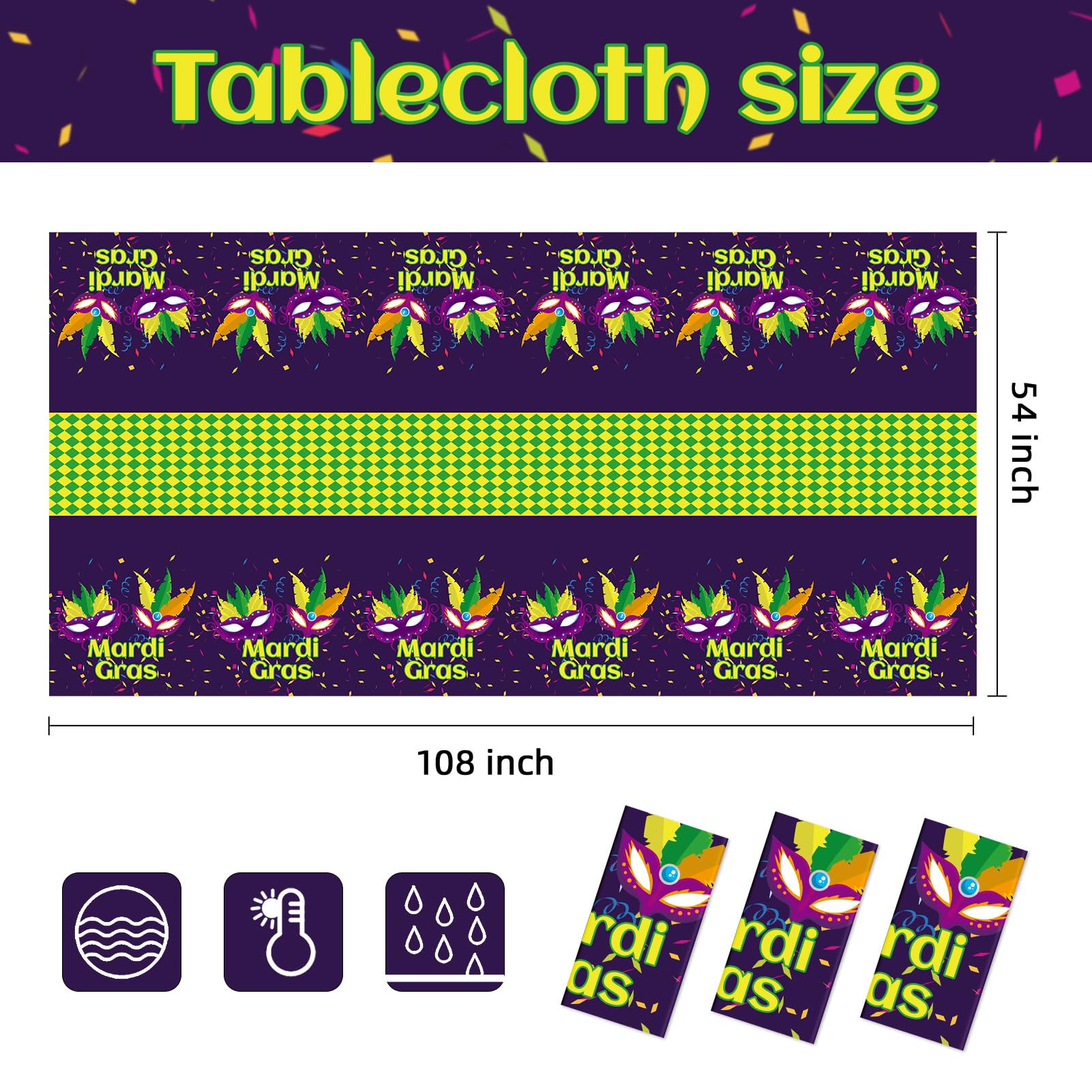 Childom Mardi Gras Decorations,3 Pack Disposable Plastic Tablecloths for Rectangle Table 54" x 108" Mardi Gras Tablecloths for Party Decor,Table Cloths for Birthday,Home,Dinner,Carnival,Party Supplies