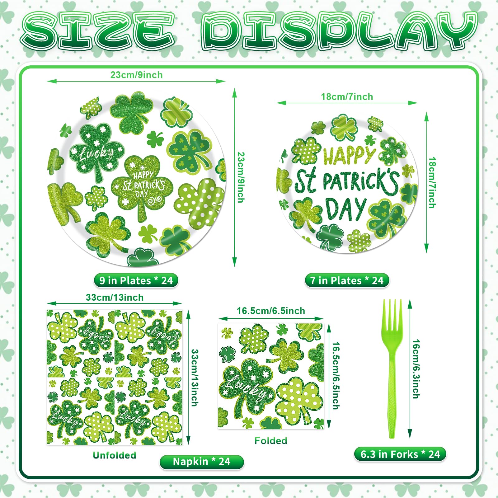 96 Pieces St. Patrick’s Day Tableware Set – Green Shamrock Disposable Plates Napkins Forks with “Happy St. Patrick’s Day” Lucky Clover Designs for Holiday Parties Irish Celebrations – Serves 24
