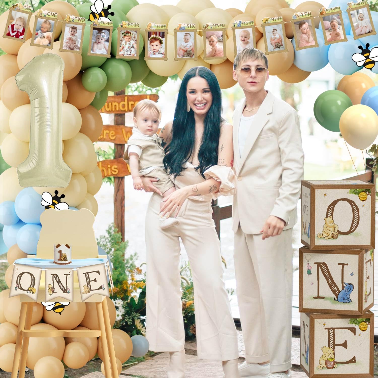 154pcs Winnie First Birthday Decorations Party Set, Classic Winnie Bear 1st Birthday Month Banner, High Chair Banner, ONE Box, Balloon Arch, Crown, Tablecloth, Backdrop, Cake Toppers and Stickers