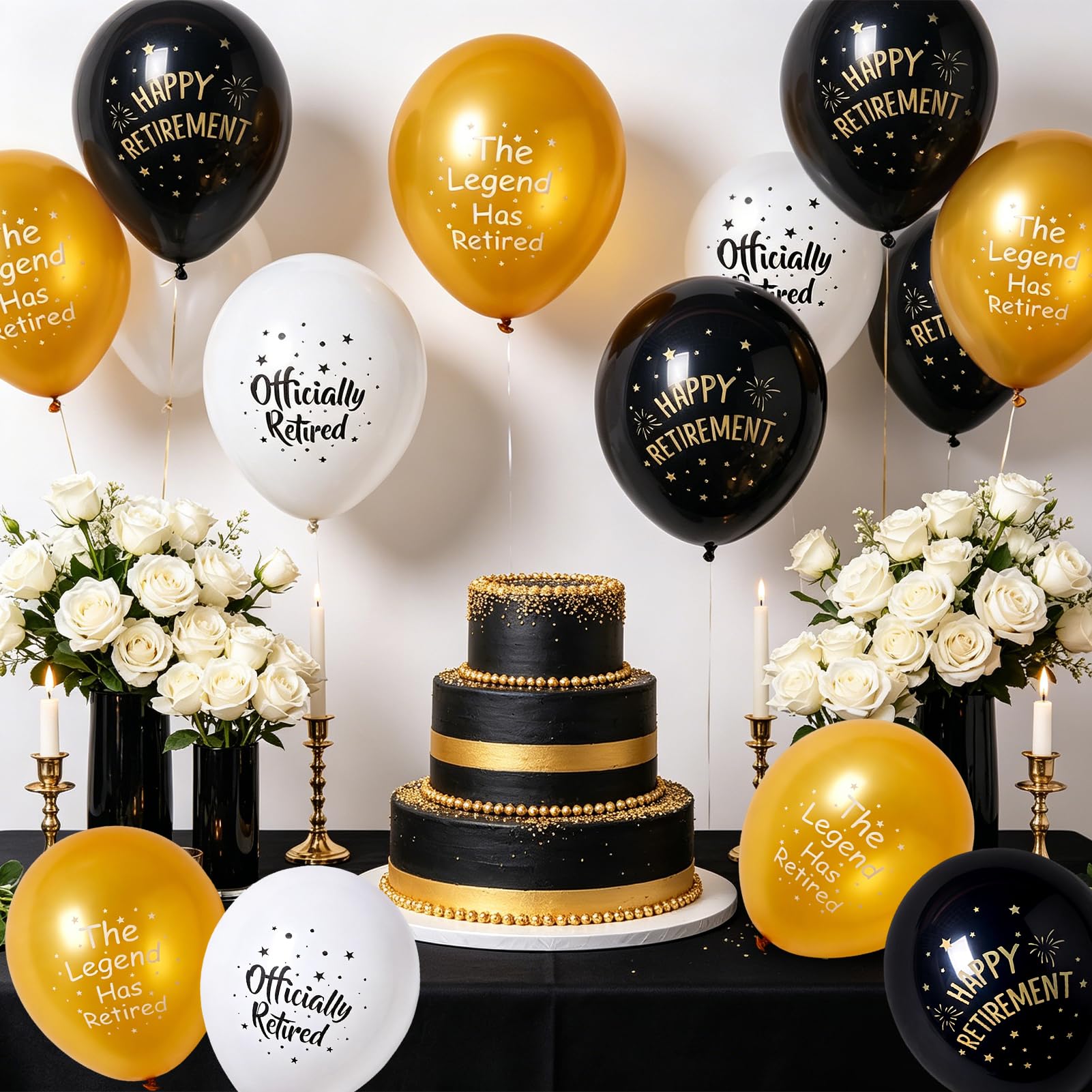 SUNBEAUTY 18 Pcs Happy Retirement Balloons With Pattern 12 Inch Black Gold and White Retirement Latex Balloons for Men and Women Resignation Theme Party Decorations