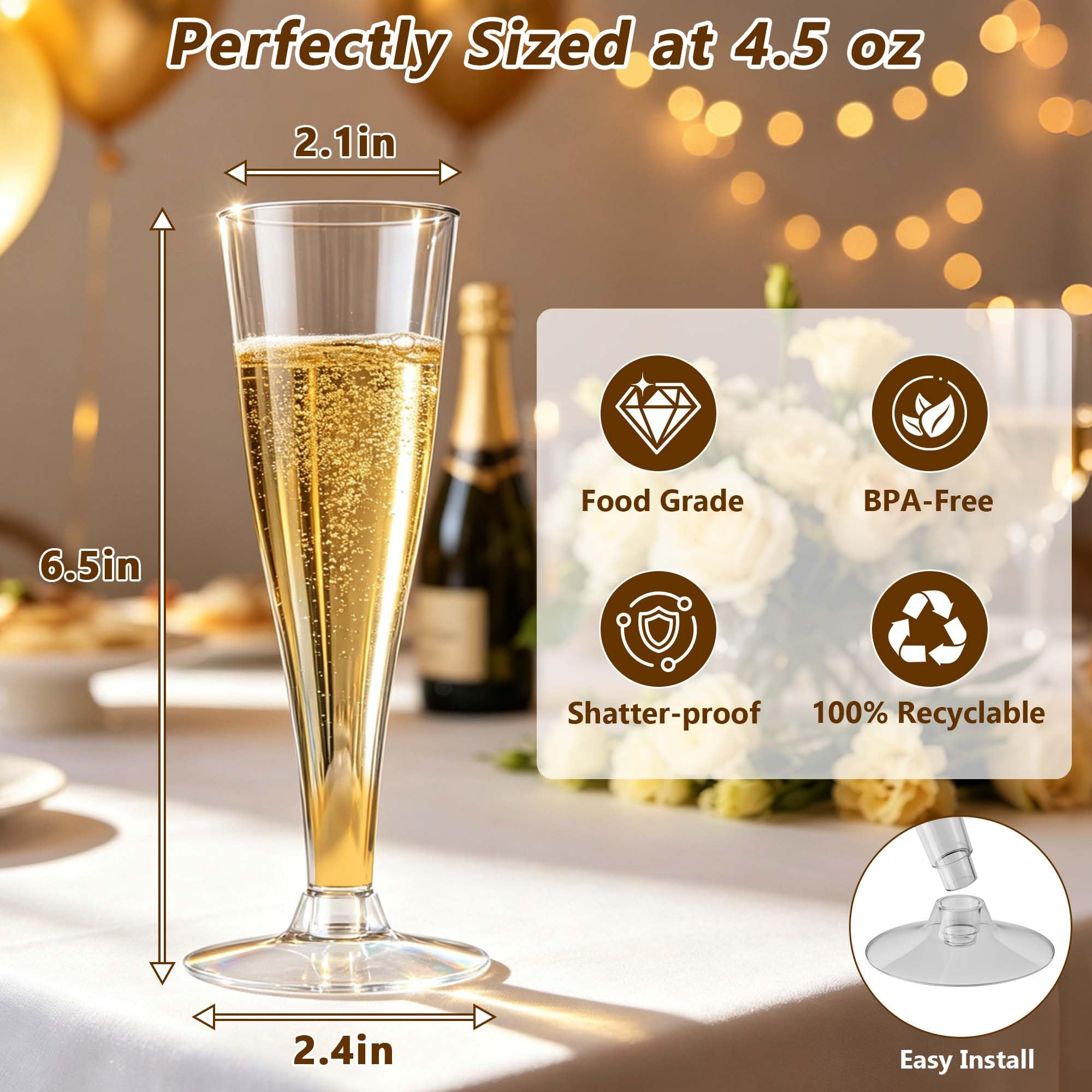 Lazyshine Plastic Champagne Flutes Disposable Wine Glasses, 40 Pack 4.5Oz Clear Cocktail Mimosa Cups for New Year Eve Party Supplies Wedding Engagement Decor, Copas De Plastico Para Brindis