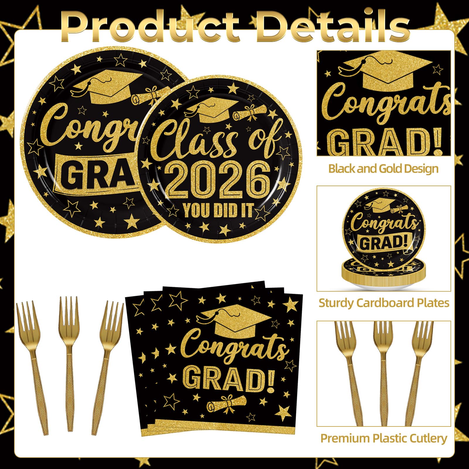 Merriva 100 Pcs Graduation Party Supplies Set, Serves 25 – Disposable Black and Gold Graduation Paper Plates, Napkins, and Forks, Congrats Grad Dinnerware for Class of 2026, Prom Party Decorations