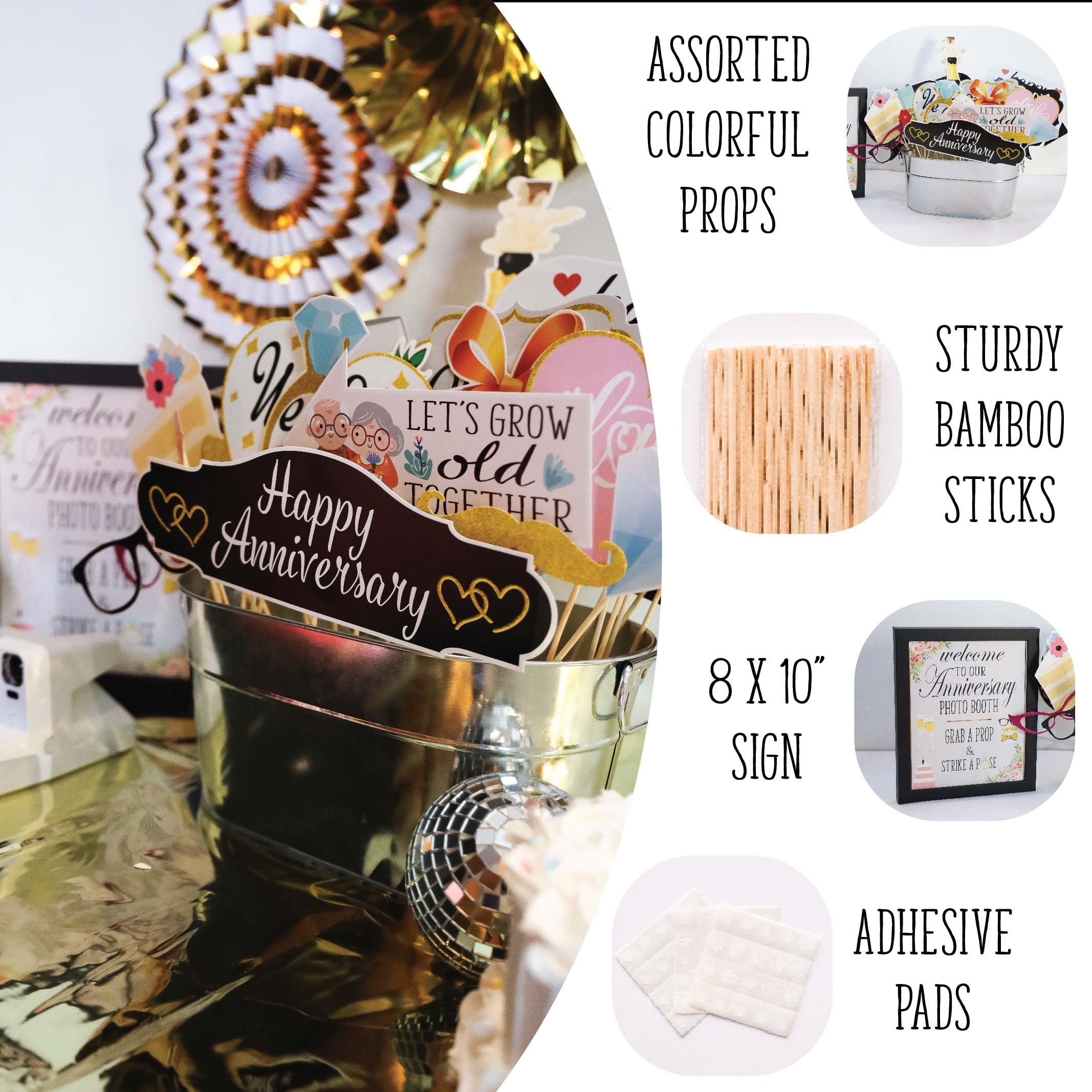 Anniversary Photo Booth Props - 41-pc Photobooth Kit with 8 x 10-Inch Sign, 60 Adhesive Pads, 45 Sticks - Wedding Anniversary Photo Props - Wedding Photo Booth Props