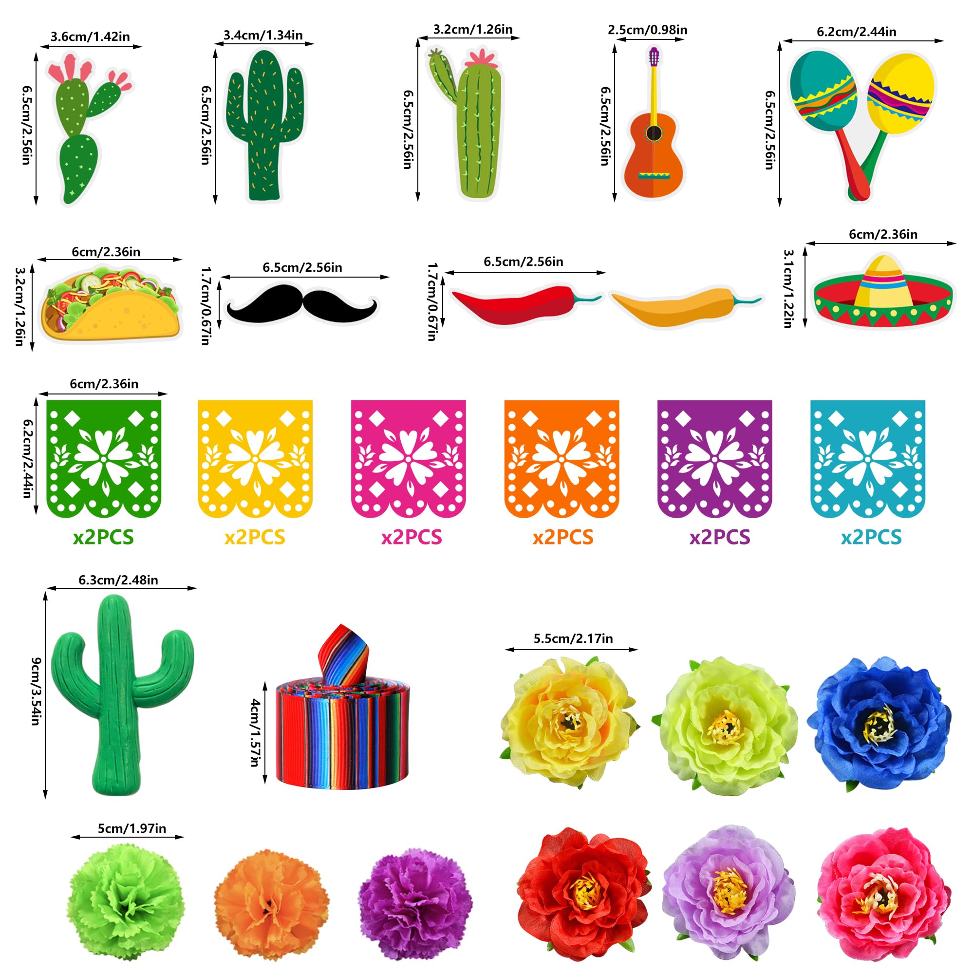 HAVAGDTM Mexican Fiesta Cake Topper Mini Mexican Papel Picado Banner Cactus Pepper Sombrero and Flower Cake Decor for Mexican Themed Party Decorations