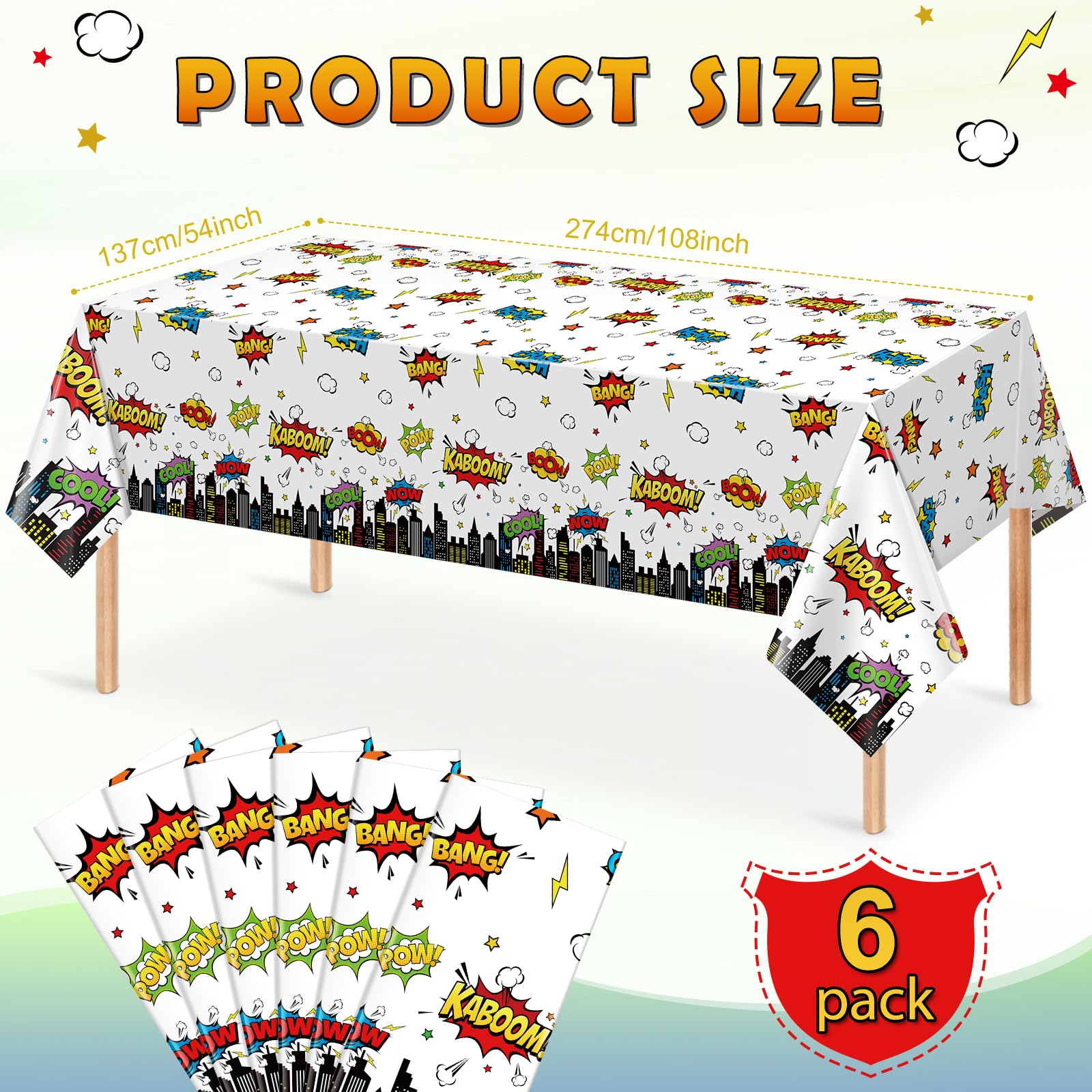 6Pcs Hero Themed Birthday Party Tablecloths Decorations,White Cityscape Super Bang Plastic Table Cover Disposable Rectangle Table Cloth for Baby Shower Kids Boys Birthday Party Supplies,54x108 Inch