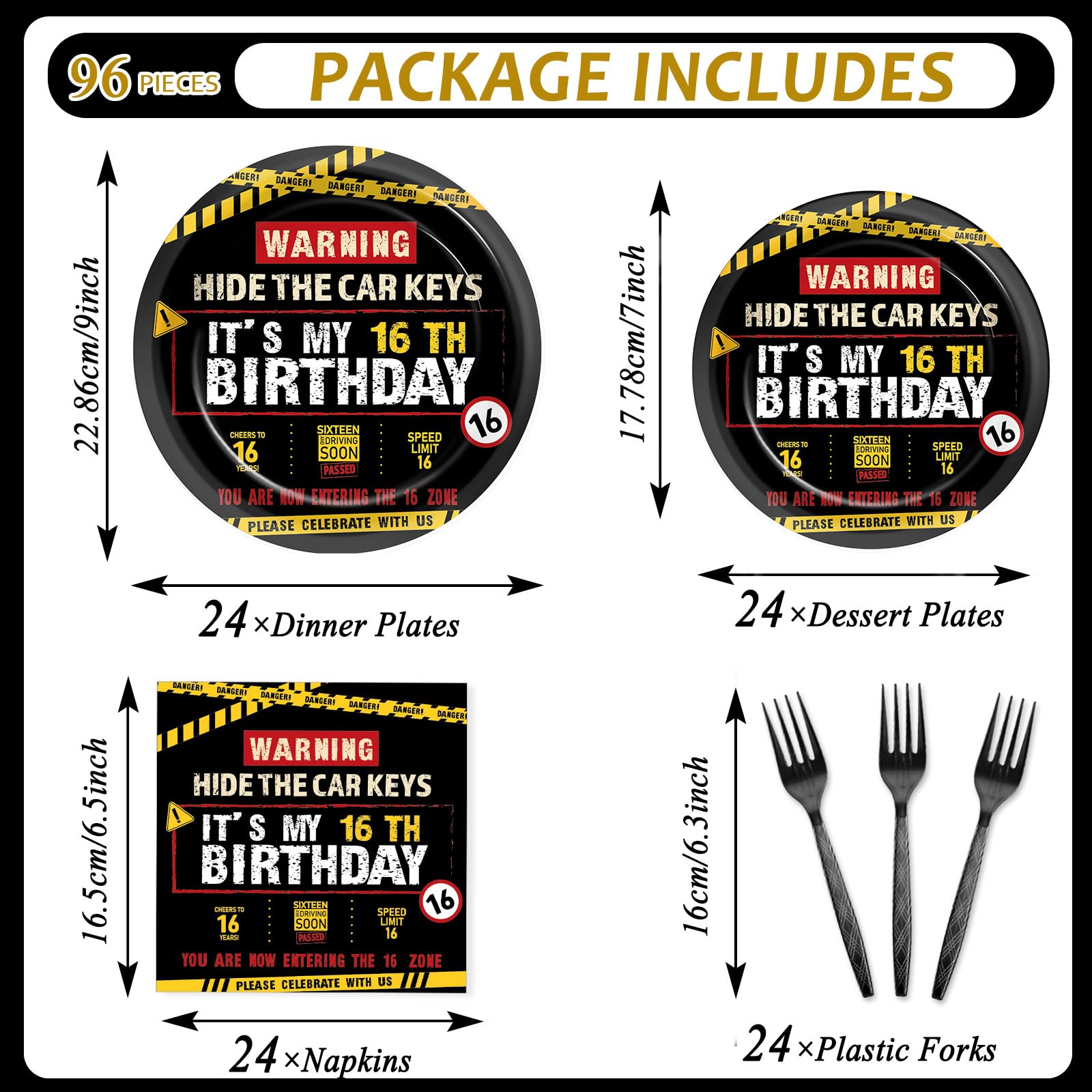 96 PCS Caution Logos 16th Birthday Party Paper Plates and Napkins 16 Years Old Party Decor Warning Sign Themed Teens 16th Dinnerware for Boys Girls 16 Years Old Birthday Gatherings Decorations