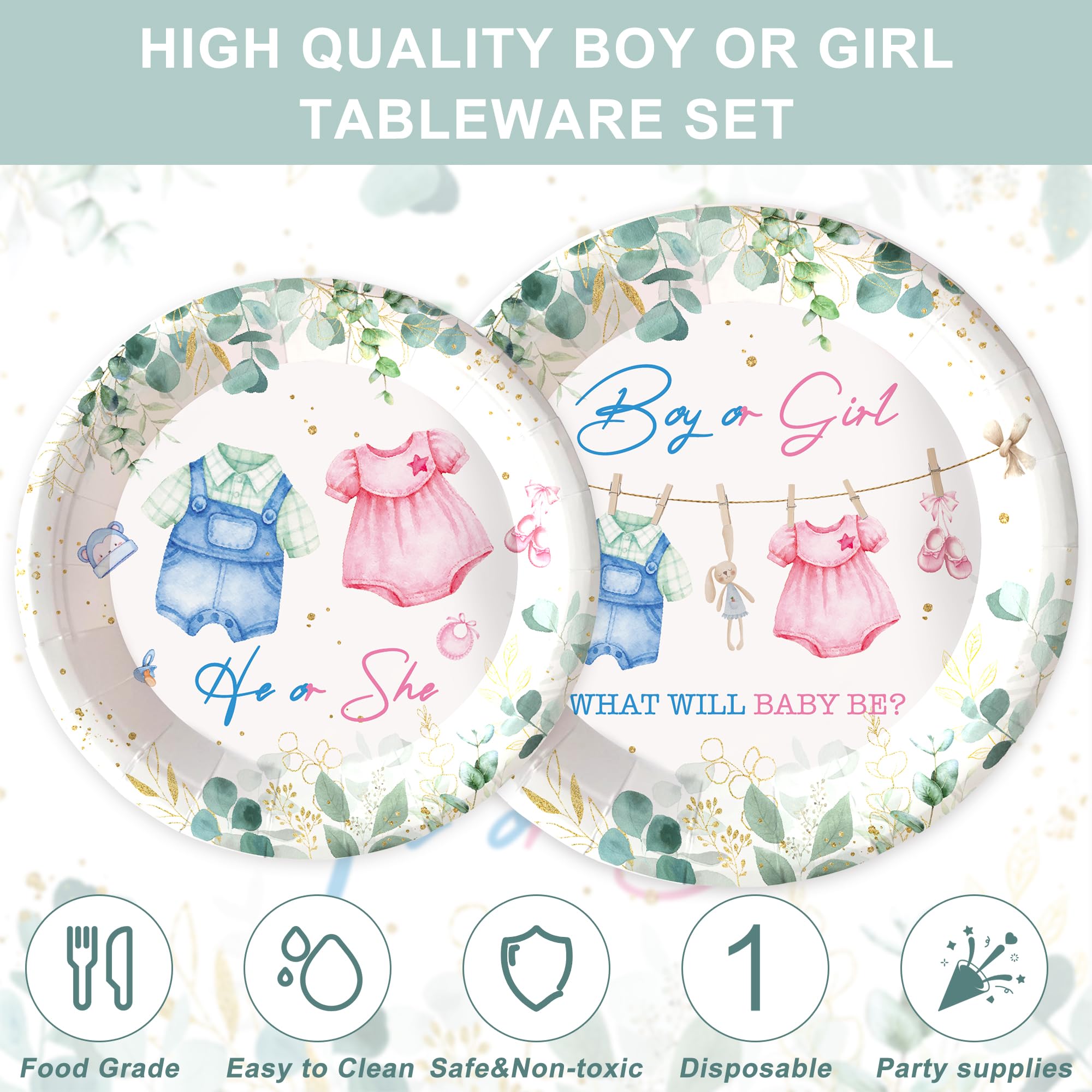 Girl or Boy Gender Reveal Party Supplies Pink or Blue She or He Gender Reveal Party Decorations Eucalyptus Baby Shower Tableware Set Plates Napkins Cups Forks Knives for 20 Guests