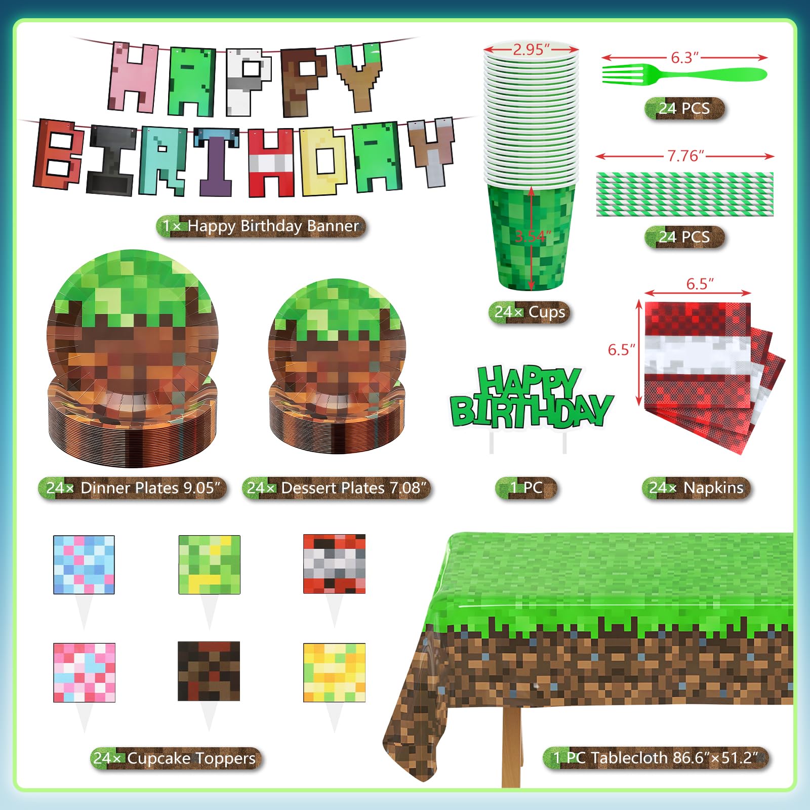 183Pcs Pixel Birthday Party Decorations, Pixel Game Theme Party Supplies Kit, Including Banner, Tablecloth, Plates, Napkins, Cups, Forks, Cake Toppers, Drinking Straws, Serves 24 Guests