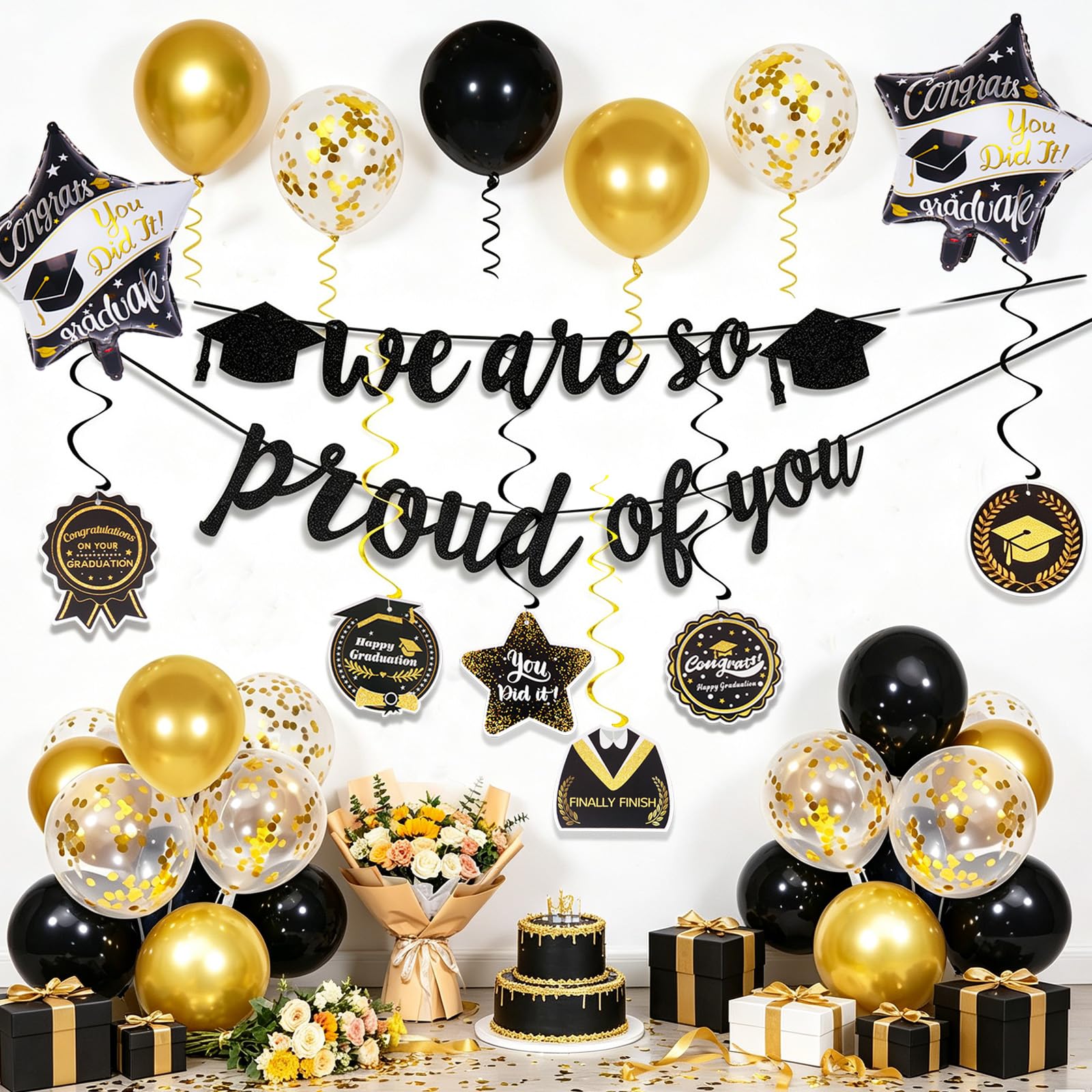 Graduation Decorations 2026, Class of 2026 Decorations with We Are So Proud of You Banner and Graduation Balloons, Congrats Hanging Swirls
