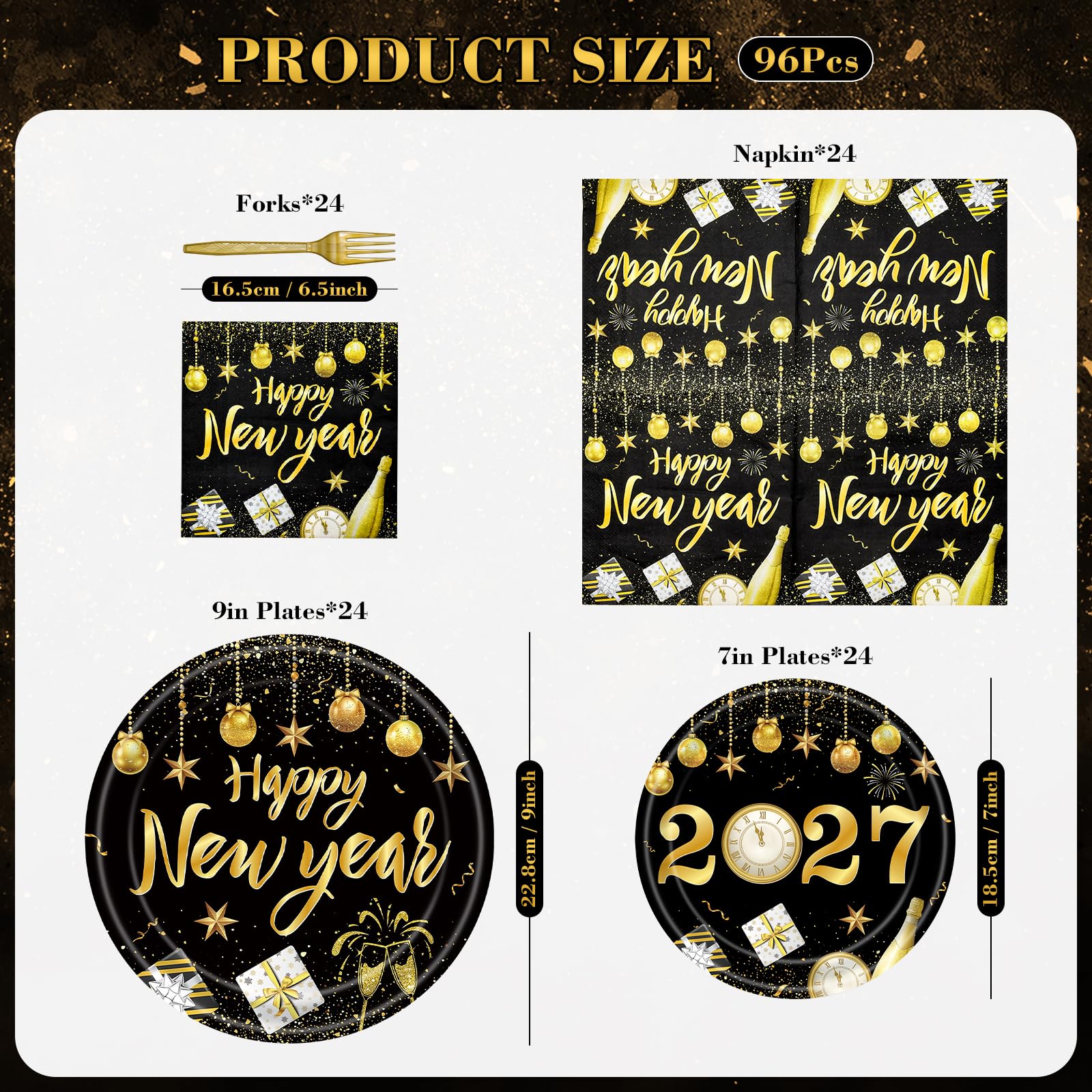 96 Pieces Happy New Year Tableware Set – Black and Gold 2027 Disposable Plates, Napkins, and Forks with Fireworks and Champagne Designs for New Year’s Eve Dinners and Celebrations – Serves 24