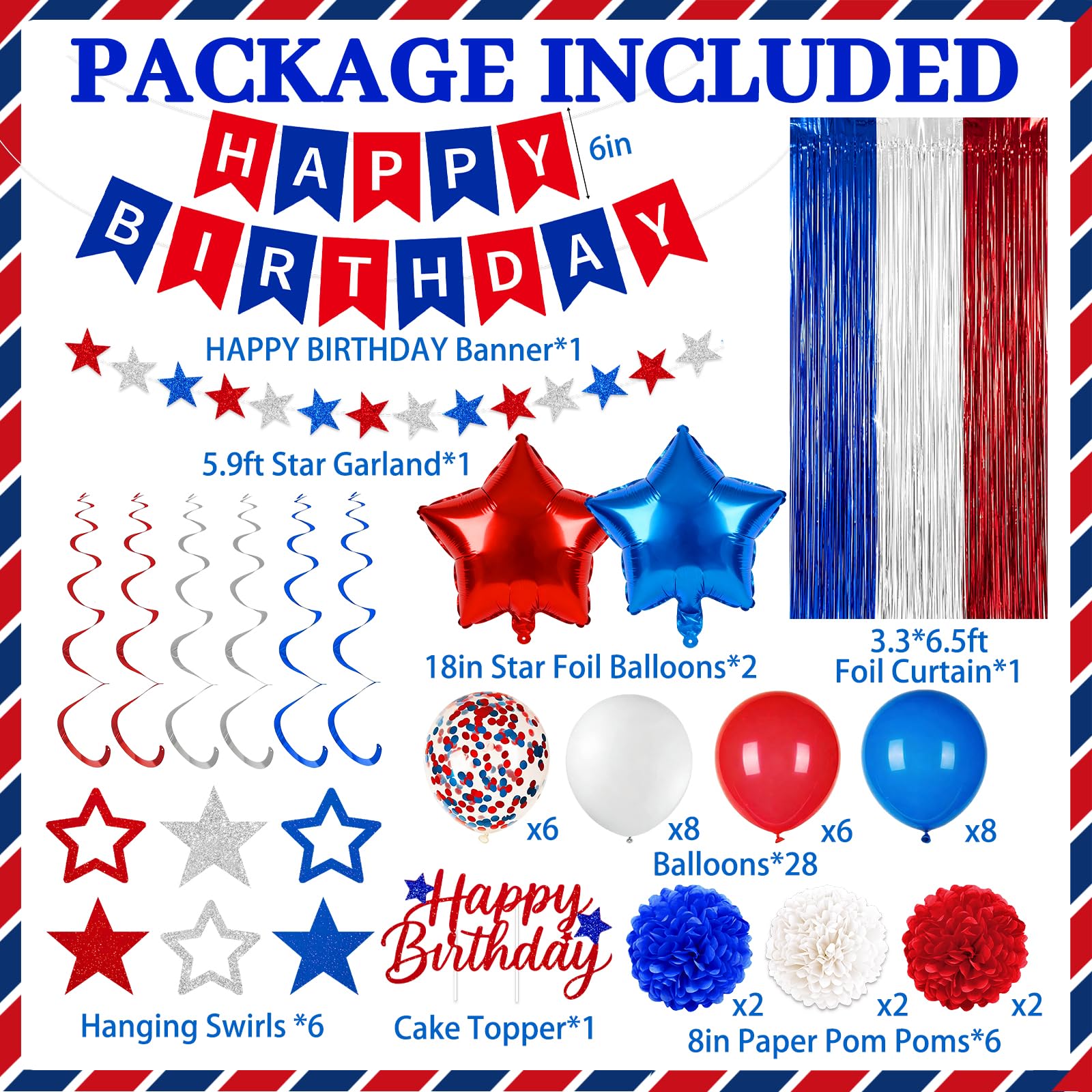 58PCS Red White and Blue Birthday Decorations, Red and Blue Birthday Decorations Include Banner Balloons Hanging Swirls Fringe Curtain, USA Patriotic HBD Decorations for 4th of July Independence Day