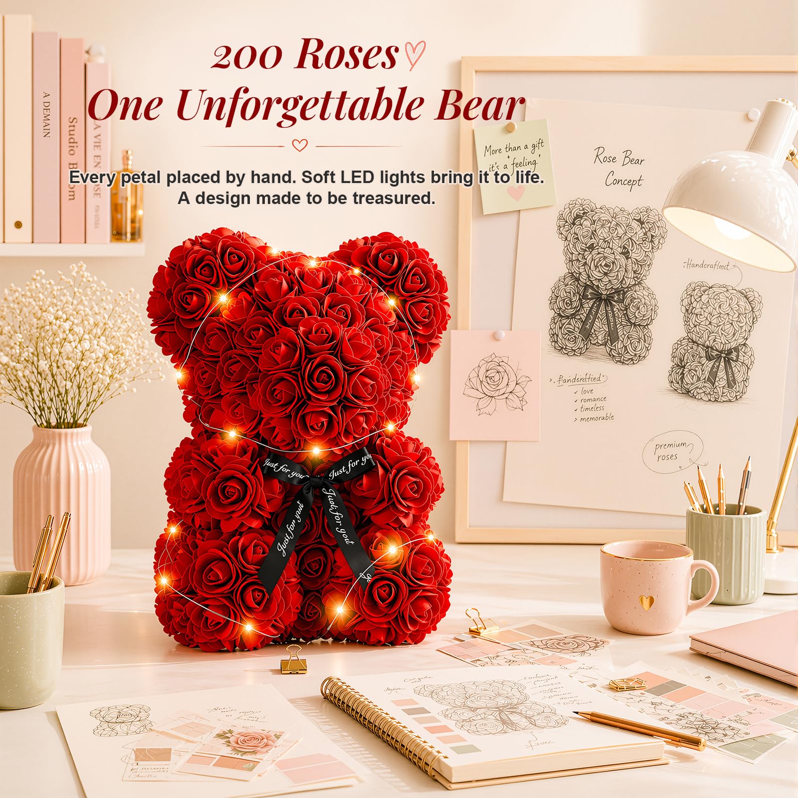 Otlonpe Preserved Artificial Roses Flowers Bear, Forever Women Gifts for Birthday Christmas Valentines Mothers Day, 9'' Red Rose Flower Small Bear Lamp in Box, Gifts for Women Mom Grandma Daughter