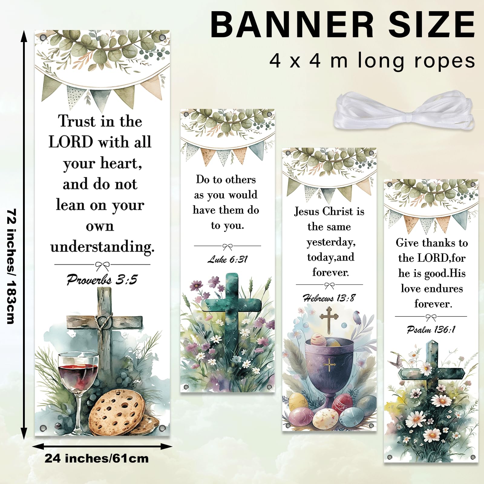 4Pcs Easter Church Banners for Sanctuary Wall Welcome Religious Banners Hanging Backdrop Scripture Watercolor Easter Signs Bible Verses Banner Scripture Hanging Signs for Church School Decor