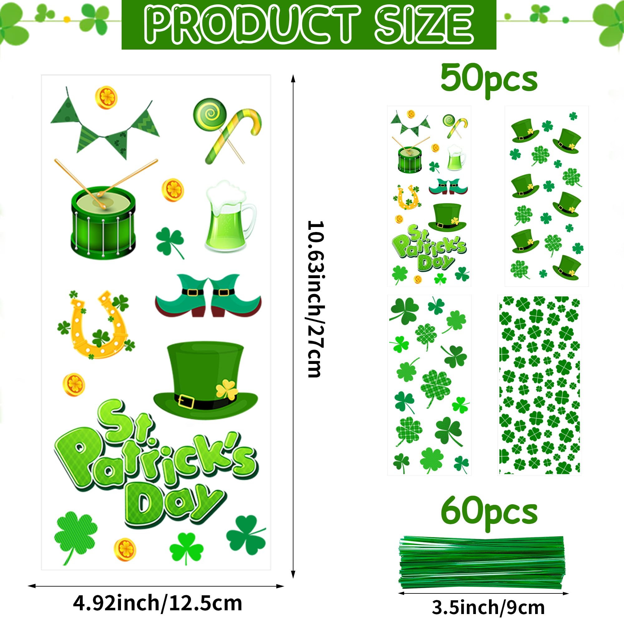 St. Patricks Cellophane Treat Bags – 50 Pack Green Shamrock Goodie Gift Bags with Twist Ties, 5×11 Inch Clear St. Patricks Candy Cookie Bags for St. Patrick Day Irish Party, Classroom, Holiday Favors