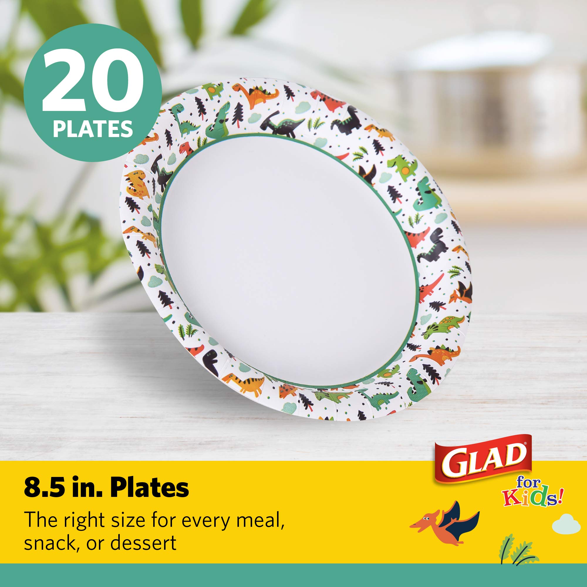 Glad for Kids Dinosaur Paper Plates, 8.5 Inch, Soak Proof, 20 Count