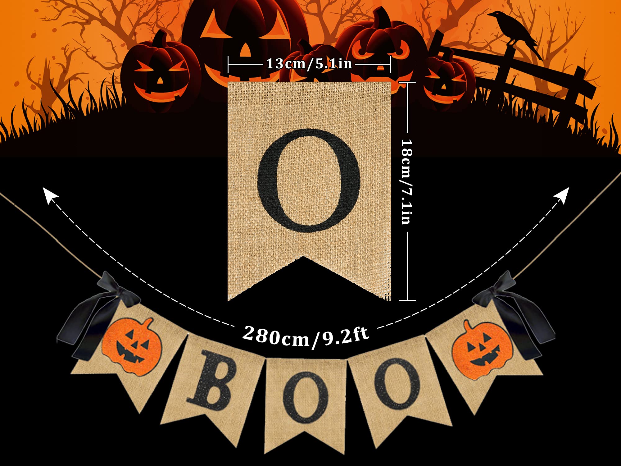Whaline Halloween Burlap Banner Glitter Pumpkin Boo Bunting Flag with Bow Rustic Hanging Banner Garland for Halloween Farmhouse Mantel Fireplace Home Party Decoration Supplies