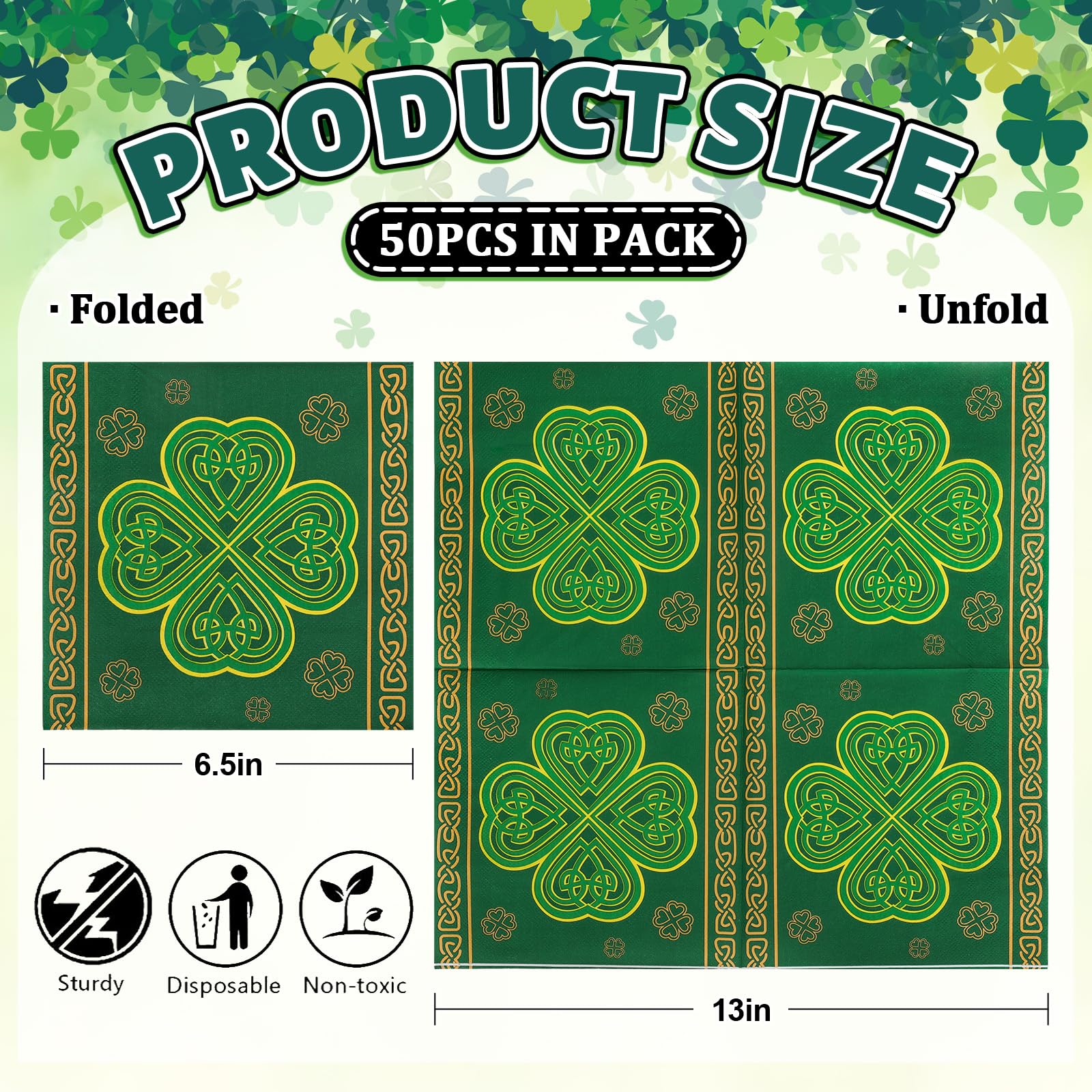 Whaline 50 Pcs St. Patrick's Day Paper Napkins Green Shamrock Disposable Napkins Lucky Clover Luncheon Dinner Napkin for Irish Holiday Birthday Party Table Supplies