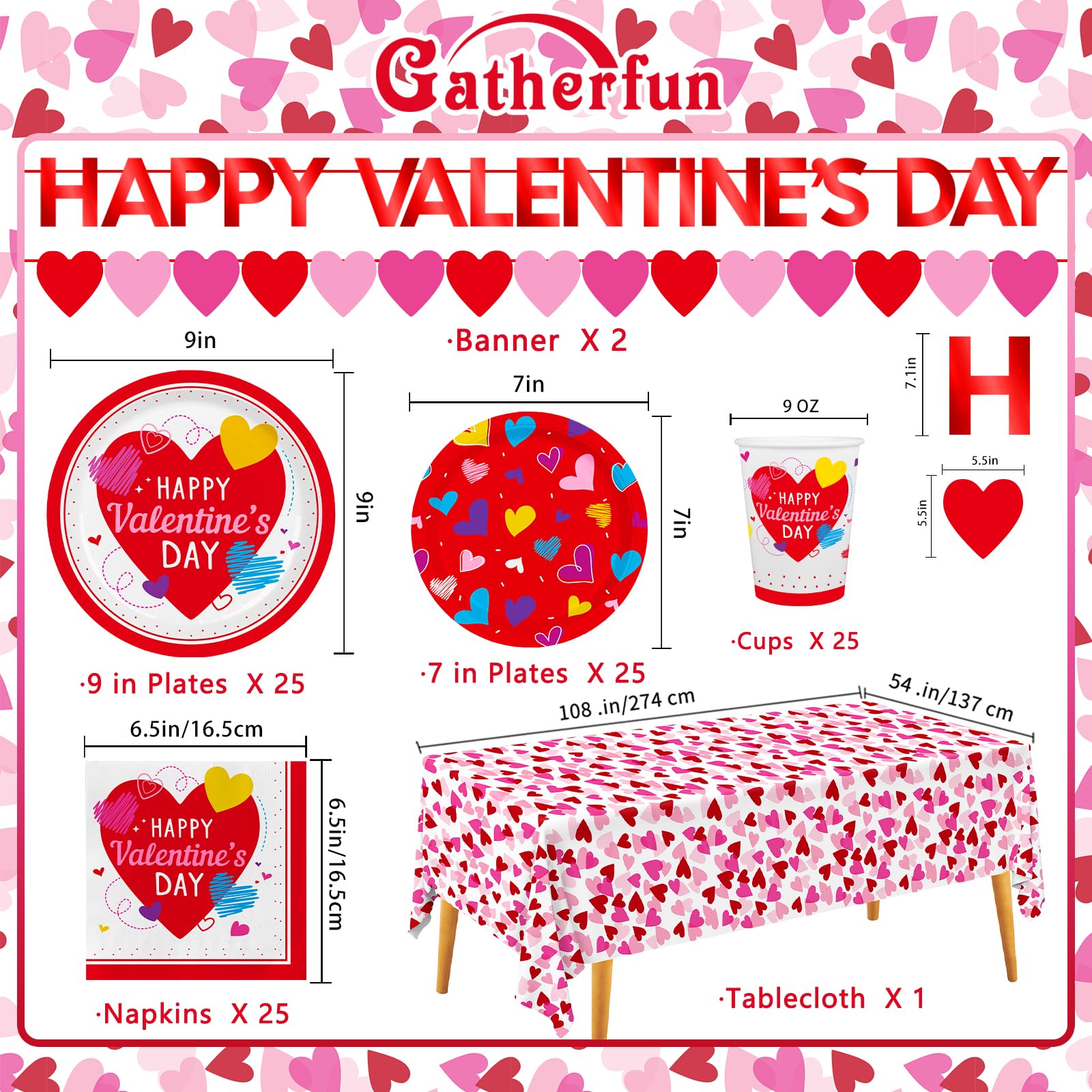 Valentine's Day Party Supplies Set for 25 - Elegant Disposable Paper Plates, Napkins, Cups, Tablecloth & Banner, Valentine's Day Party Decorations