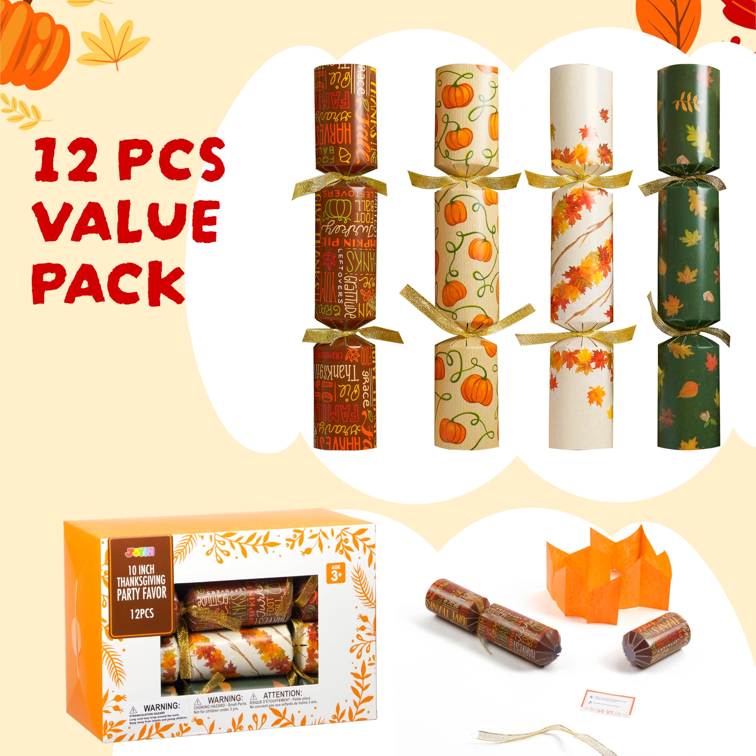 JOYIN 12 Pack Thanksgiving Party Table Favor No Snap No Popping with Party Hat, Joke & Gift Inside, Thanksgiving Holiday Traditions, Random gifts with Autumn Leaves, Pumpkin, Lettering Designs