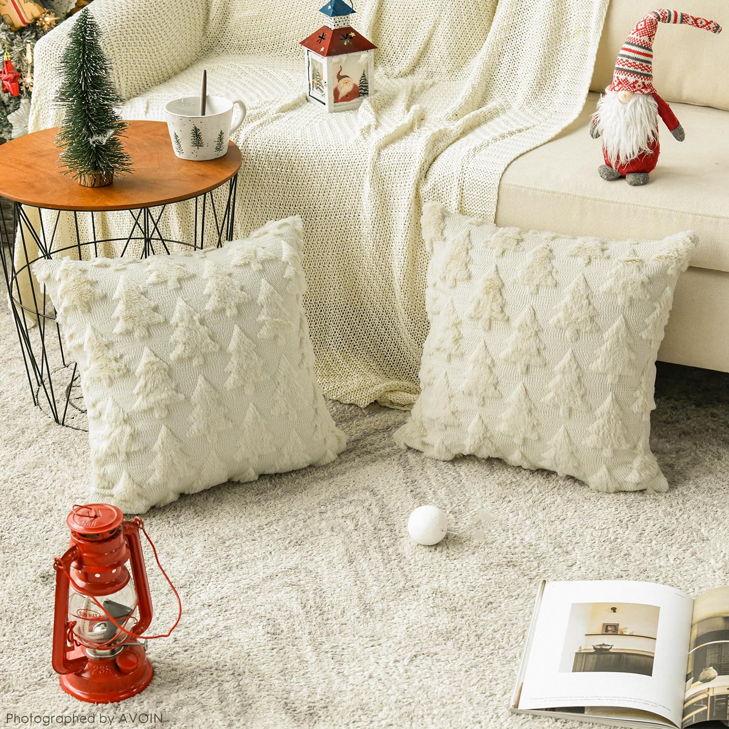 AVOIN colorlife Christmas Tree Beige Throw Pillow Covers Set of 2, 18 x 18 Inch Soft Plush Faux Fur Jacquard Festivals Winter Cushion Case Decoration for Sofa Couch
