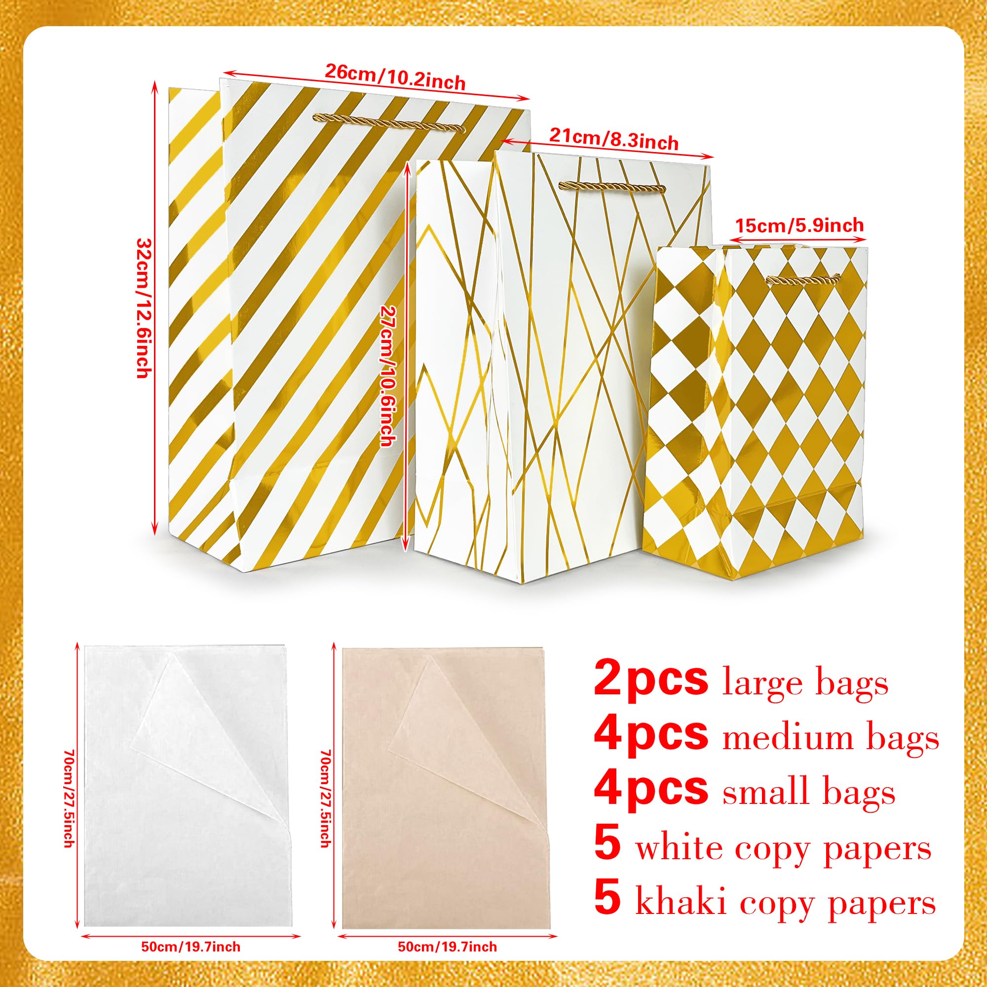 KEEPARTY Assorted Sizes Gold Foil Gift Bags with Tissue Paper Suitable for Many Occasions Set of 10 with 6 Design Styles 4 Small 4 Medium and 2 Large Gift Bags