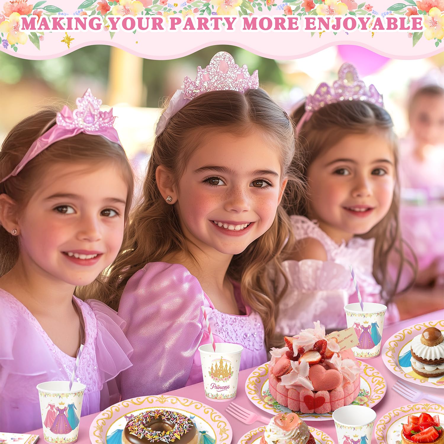 300 Pcs Princess Paper Plates Napkins, Birthday Party Supplies Include Forks Cups Straws, Summer Party Tableware Set for Kids, Serves 50 Guests